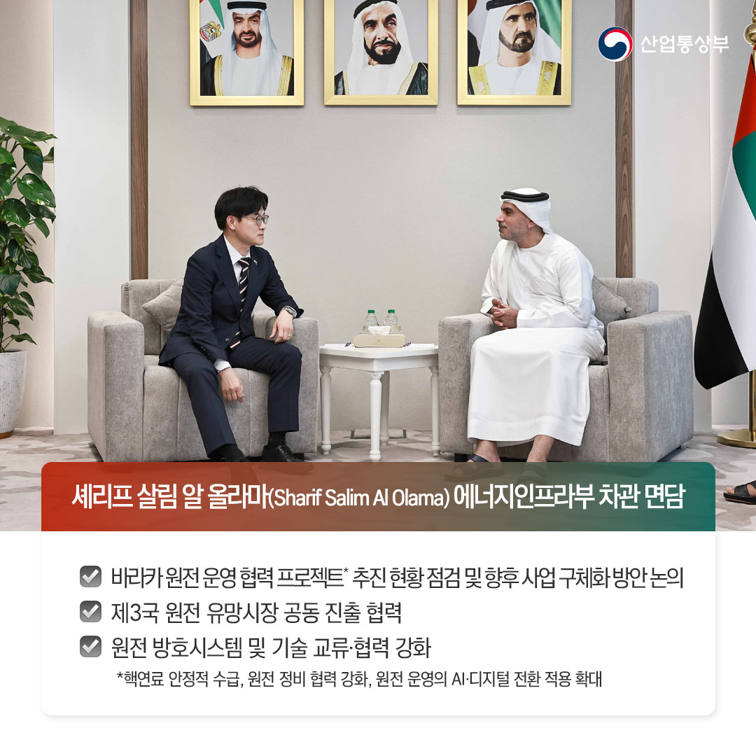 √ 셰리프 살림 알 올라마(Sharif Salim Al Olama) 에너지인프라부 차관 면담

-바라카 원전 운영 협력 프로젝트* 추진 현황 점검 및 향후 사업 구체화 방안 논의
-제3국 원전 유망시장 공동 진출 협력
-원전 방호시스템 및 기술 교류‧협력 강화
* 핵연료 안정적 수급, 원전 정비 협력 강화, 원전 운영의 AI‧디지털 전환 적용 확대