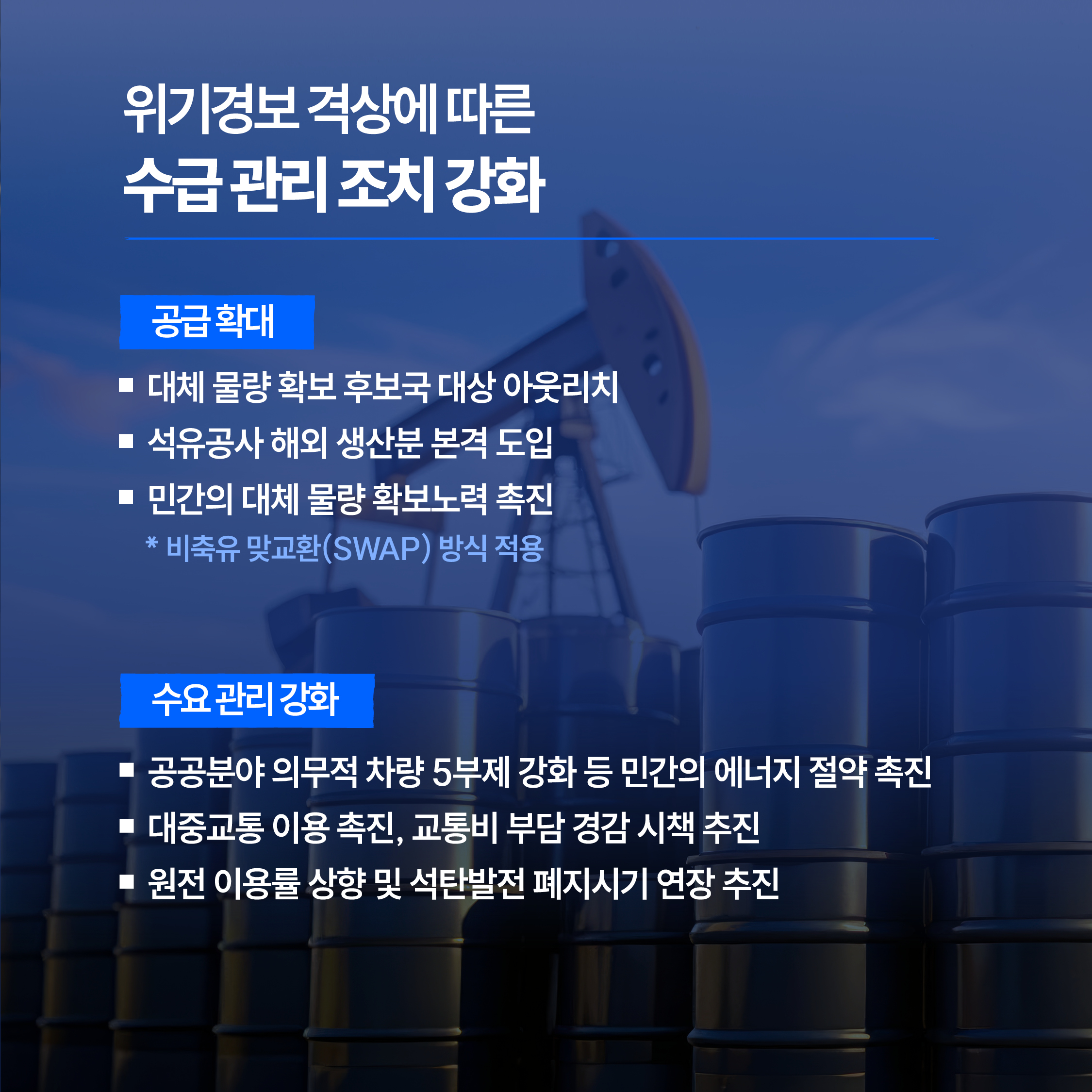 위기경보 격상에 따른 수급 관리 조치 강화


√ 공급 확대
- 대체 물량 확보 후보국 대상 아웃리치
- 석유공사 해외 생산분 본격 도입
- 민간의 대체 물량 확보노력 촉진
* 비축유 맞교환(SWAP) 방식 적용


√ 수요관리 강화
- 공공분야 의무적 차량 5부제 강화 등
민간의 에너지 절약 촉진
- 대중교통 이용 촉진,
교통비 부담 경감 시책 추진
- 원전 이용률 상향 및
석탄발전 폐지시기 연장 추진
