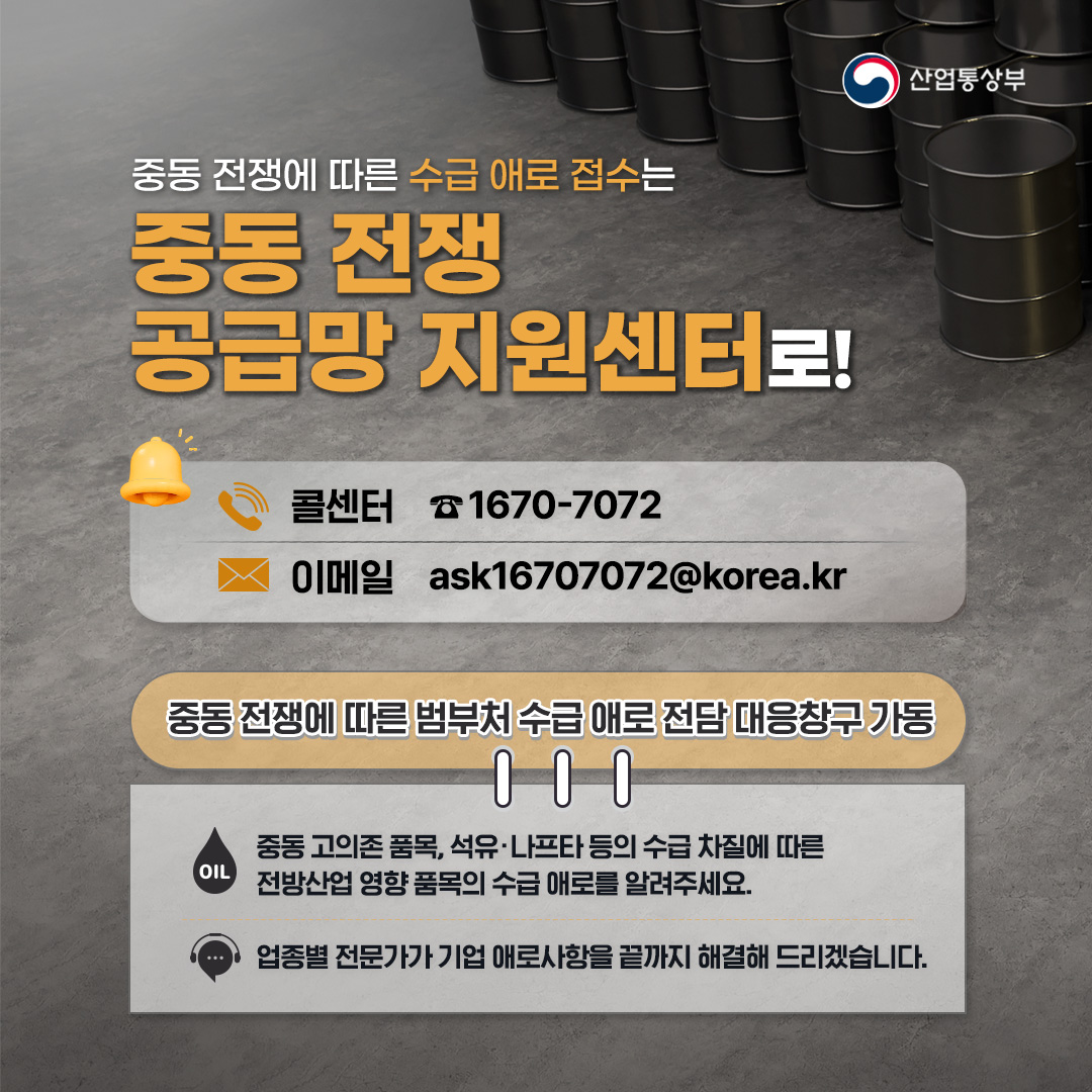 산업통상부

중동전쟁에 따른 수급 애로 접수는 중동 전쟁 공급망 지원센터로!

• 콜센터 1670-7072
• 이메일 ask16707072@korea.kr

중동전쟁에 따른 범부처 수급 애로 전담 대응창구 가동
- (OIL) 중동 고의존 품목, 석유·나프타 등의 수급 차질에 따른 전방산업 영향 품목의 수급 애로를 알려주세요.
- 업종별 전문가가 기업 애로사항을 끝까지 해결해 드리겠습니다.
