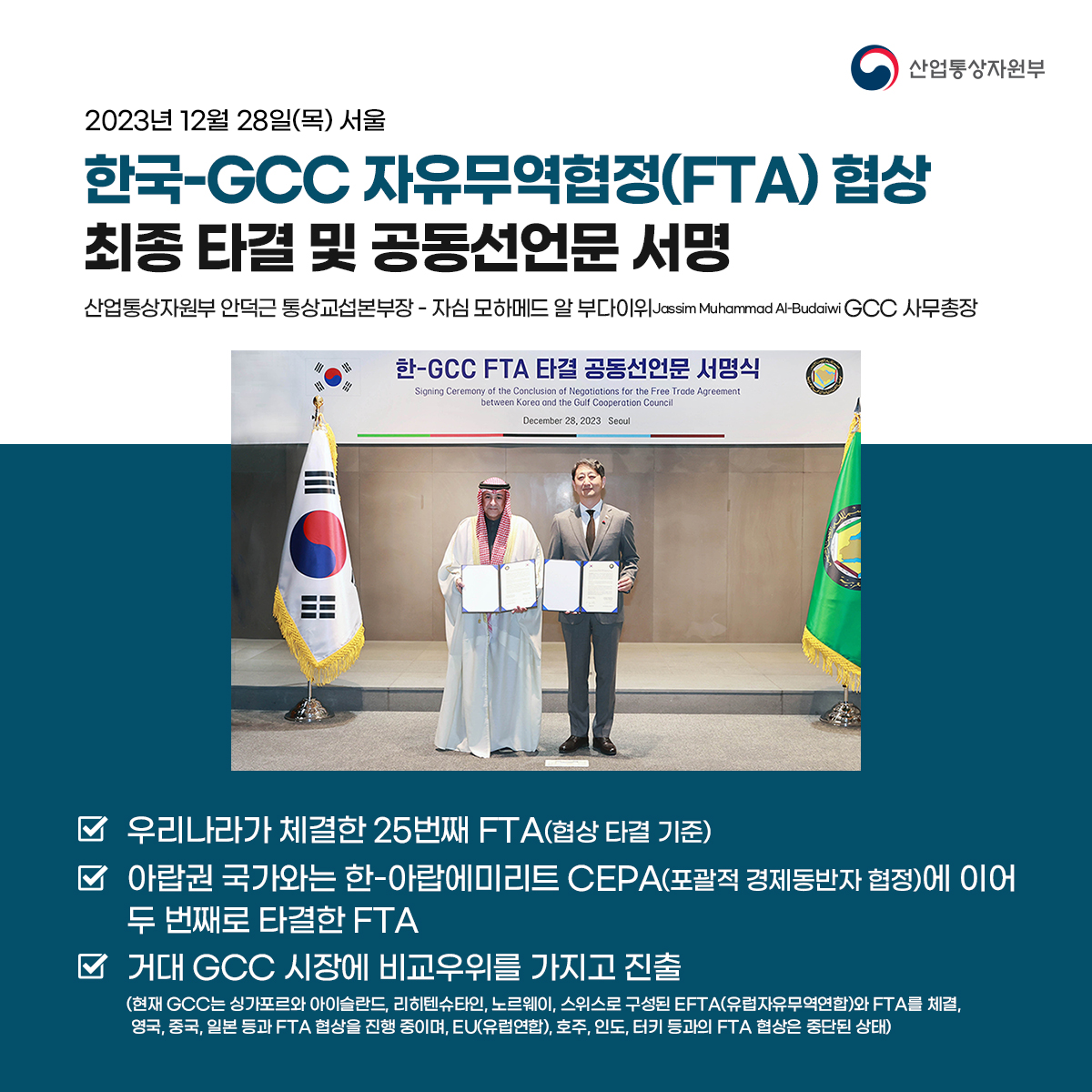 산업통상자원부
2023년 12월 28일(목) 서울
한국-GCC 자유무역협정(FTA) 협상 최종 타결 및 공동선언문 서명
산업통상자원부 안덕근 통상교섭본부장 - 자심 모하메드 알 부다이위Jassim Muhammad Al-Budaiwi GCC 사무총장
우리나라가 체결한 25번째 FTA(협상 타결 기준)
아랍권 국가와는 한-아랍에미리트 CEPA(포괄적경제동반자협정)에 이어 두 번째로 타결한 FTA
거대 GCC 시장에 비교우위를 가지고 진출
(현재 GCC는 싱가포르와 아이슬란드, 리히텐슈타인, 노르웨이, 스위스로 구성된 EFTA(유럽자유무역연합)와 FTA를 체결, 영국, 중국, 일본 등과 FTA 협상을 진행 중이며, EU(유럽연합), 호주, 인도, 터키 등과의 FTA 협상은 중단된 상태)