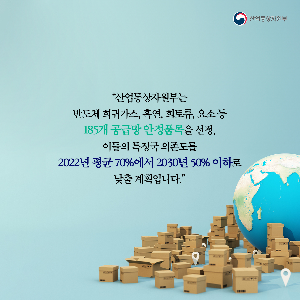 산업통상자원부
“산업통상자원부는 반도체 희귀가스, 흑연, 희토류, 요소등 185개 공급망 안정품목을 선정, 이들의 특정국 의존도를 2022년 평균 70%에서 2030년 50% 이하로 낮출 계획입니다."
