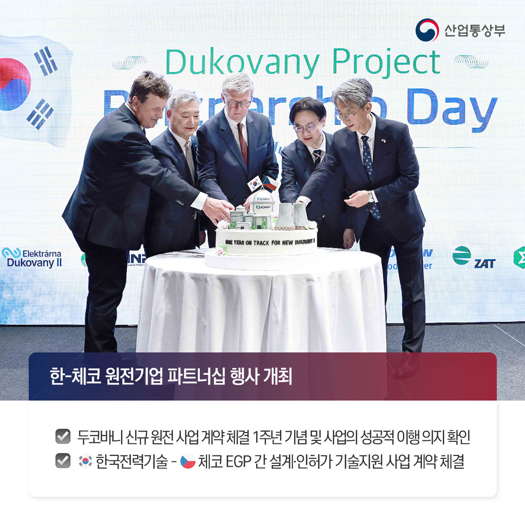 √ 한-체코 원전기업 파트너십 행사 개최

두코바니 신규 원전 사업 계약 체결 1주년 기념 및 사업의 성공적 이행 의지 확인
(한국) 한국전력기술 - (체코) 체코 EGP 간 설계‧인허가 기술지원 사업 계약 체결
