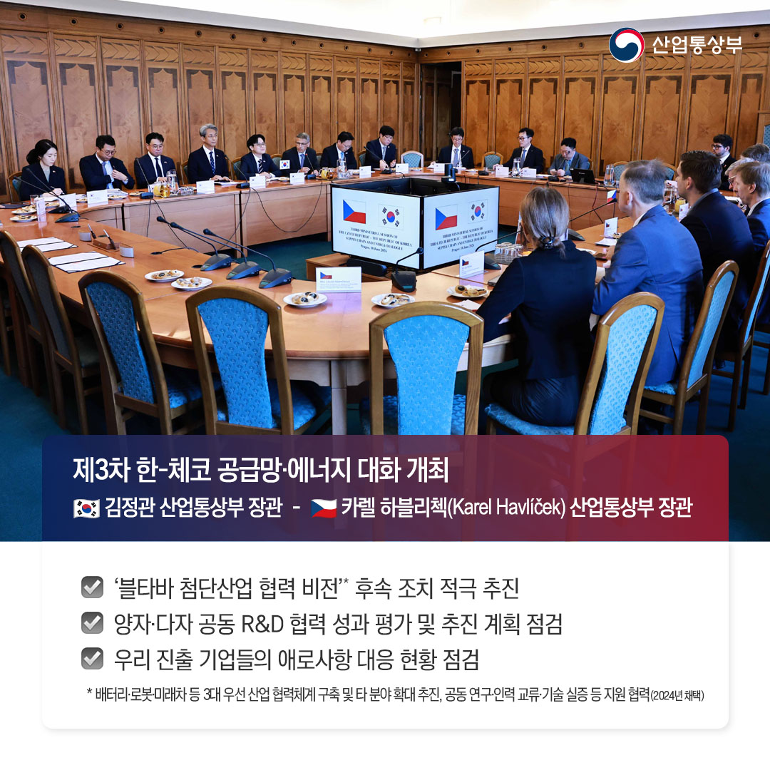 √ 제3차 한-체코 공급망‧에너지 대화 개최
(한국) 김정관 산업통상부 장관 - (체코) 카렐 하블리첵(Karel Havlíček) 산업통상부 장관

‘블타바 첨단산업 협력 비전’* 후속 조치 적극 추진
양자‧다자 공동 R&D 협력 성과 평가 및 추진 계획 점검
우리 진출 기업들의 애로사항 대응 현황 점검
* 배터리･로봇･미래차 등 3대 우선 산업 협력체계 구축 및 타 분야 확대 추진, 공동 연구‧인력 교류‧기술 실증 등 지원 협력(2024년 채택)