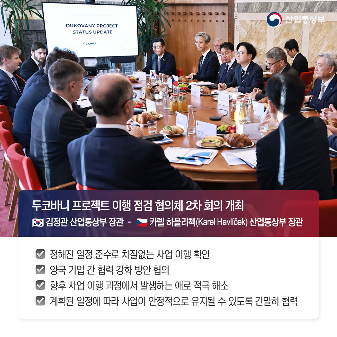 √ 두코바니 프로젝트 이행 점검 협의체 2차 회의 개최
(한국) 김정관 산업통상부 장관 - (체코) 카렐 하블리첵(Karel Havlíček) 산업통상부 장관

정해진 일정 준수로 차질없는 사업 이행 확인
양국 기업 간 협력 강화 방안 협의
향후 사업 이행 과정에서 발생하는 애로 적극 해소
계획된 일정에 따라 사업이 안정적으로 유지될 수 있도록 긴밀히 협력