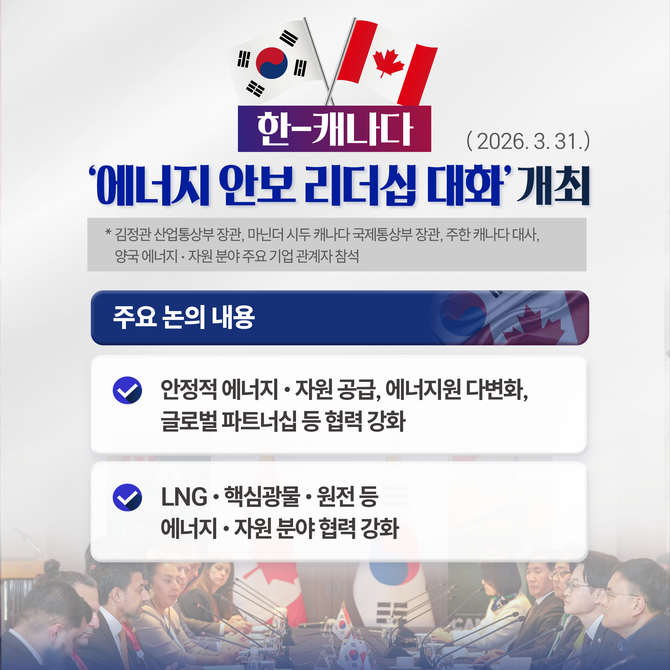 
‘한-캐나다 에너지 안보 리더십 대화’ 개최(2026. 3.31.)
* 김정관 산업통상부 장관, 마닌더 시두 캐나다 국제통상부 장관, 주한 캐나다 대사, 양국 에너지‧자원 분야 주요 기업 관계자 참석


주요 논의 내용
√ 안정적 에너지‧자원 공급, 에너지원 다변화, 글로벌 파트너십 등 협력 강화
√ LNG‧핵심광물‧원전 등 에너지‧자원 분야 협력 강화
