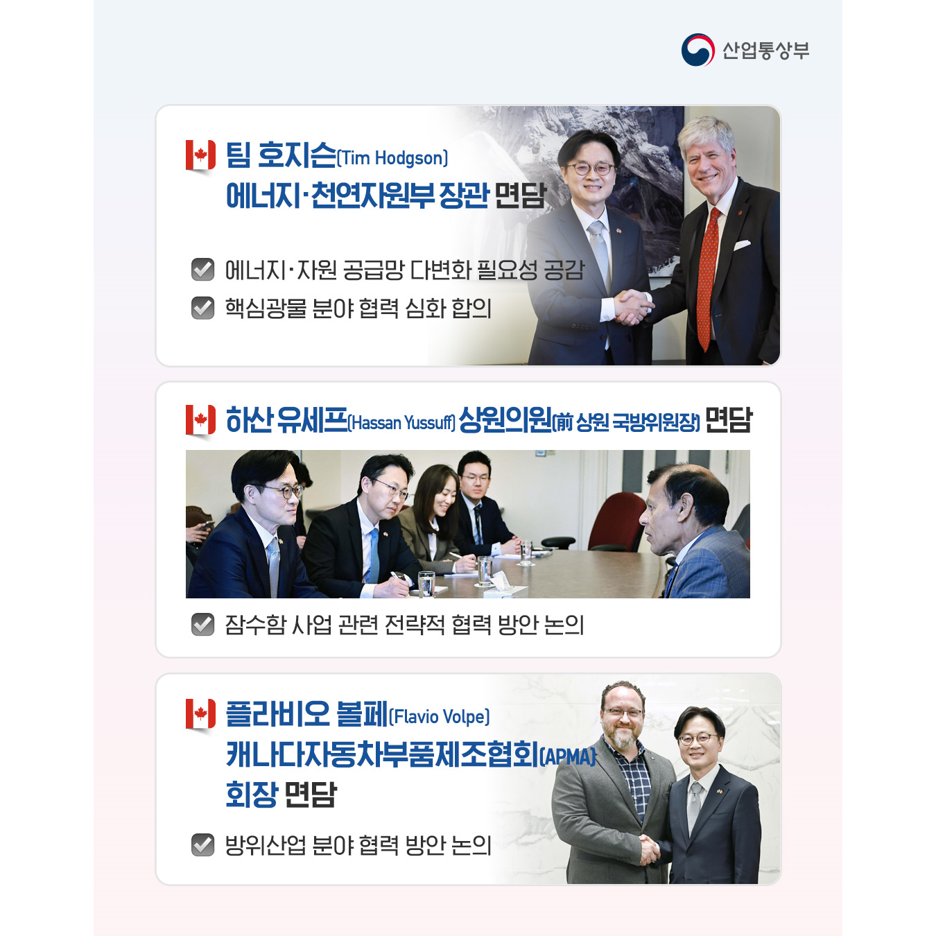 √ 팀 호지슨(Tim Hodgson) 에너지·천연자원부 장관 면담
- 에너지‧자원 공급망 다변화 필요성 공감
- 핵심광물 분야 협력 심화 합의

√ 하산 유세프(Hassan Yussuff) 상원의원(前 상원 국방위원장) 면담
- 잠수함 사업 관련 전략적 협력 방안 논의

√ 플라비오 볼페(Flavio Volpe) 캐나다자동차부품제조협회(APMA) 회장 면담
- 방위산업 분야 협력 방안 논의
