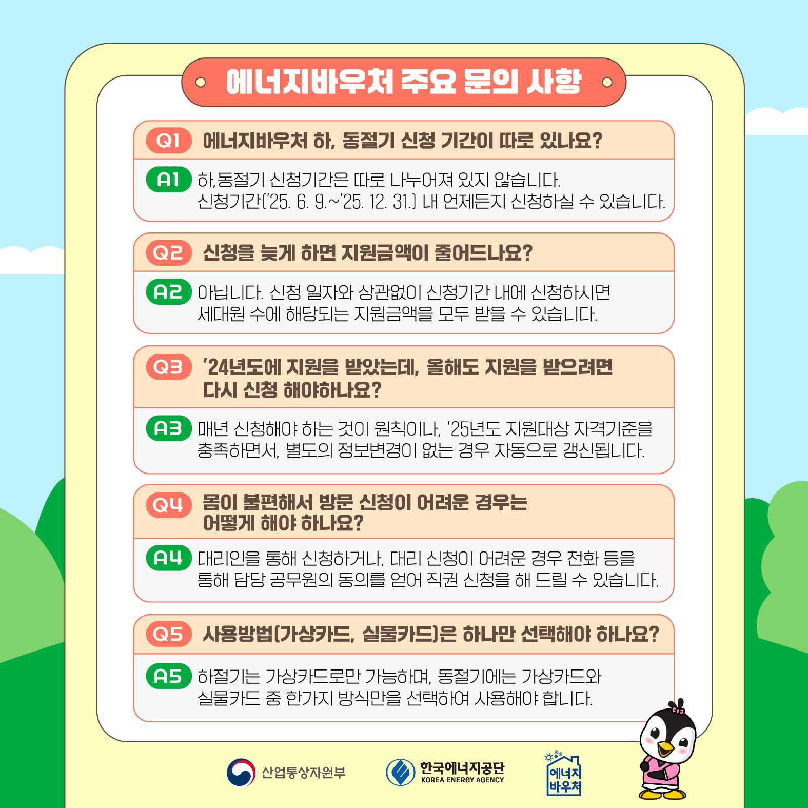 에너지바우처 주요 문의 사항
Q1 에너지바우처 하, 동절기 신청 기간이 따로 있나요?

A1 하, 동절기 신청기간은 따로 나누어져 있지 않습니다.
신청기간[25. 6. 9~ 25. 12. 31.] 내 언제든지 신청하실 수 있습니다.

Q2 신청을 늦게 하면 지원금액이 줄어드나요?
A2 아닙니다. 신청 일자와 상관없이 신청기간 내에 신청하시면 세대원 수에 해당되는 지원금액을 모두 받을 수 있습니다.

Q3” 24년도에 지원을 받았는데, 올해도 지원을 받으려면 다시 신청 해야하나요?
A3 매년 신청해야 하는 것이 원칙이나, '25년도 지원대상 자격기준을 충족하면서, 별도의 정보변경이 없는 경우 자동으로 갱신됩니다.

Q4 몸이 불편해서 방문 신청이 어려운 경우는 어떻게 해야 하나요?
A4 대리인을 통해 신청하거나, 대리 신청이 어려운 경우 전화 등을 통해 담당 공무원의 동의를 얻어 직권 신청을 해 드릴 수 있습니다.

Q5 사용방법(가상카드, 실물카드)은 하나만 선택해야 하나요?
A5하절기는 가상카드로만 가능하며, 동절기에는 가상카드와 실물카드 중 한가지 방식만을 선택하여 사용해야 합니다

산업통산자원부 한국에너지공단 에너지바우처
