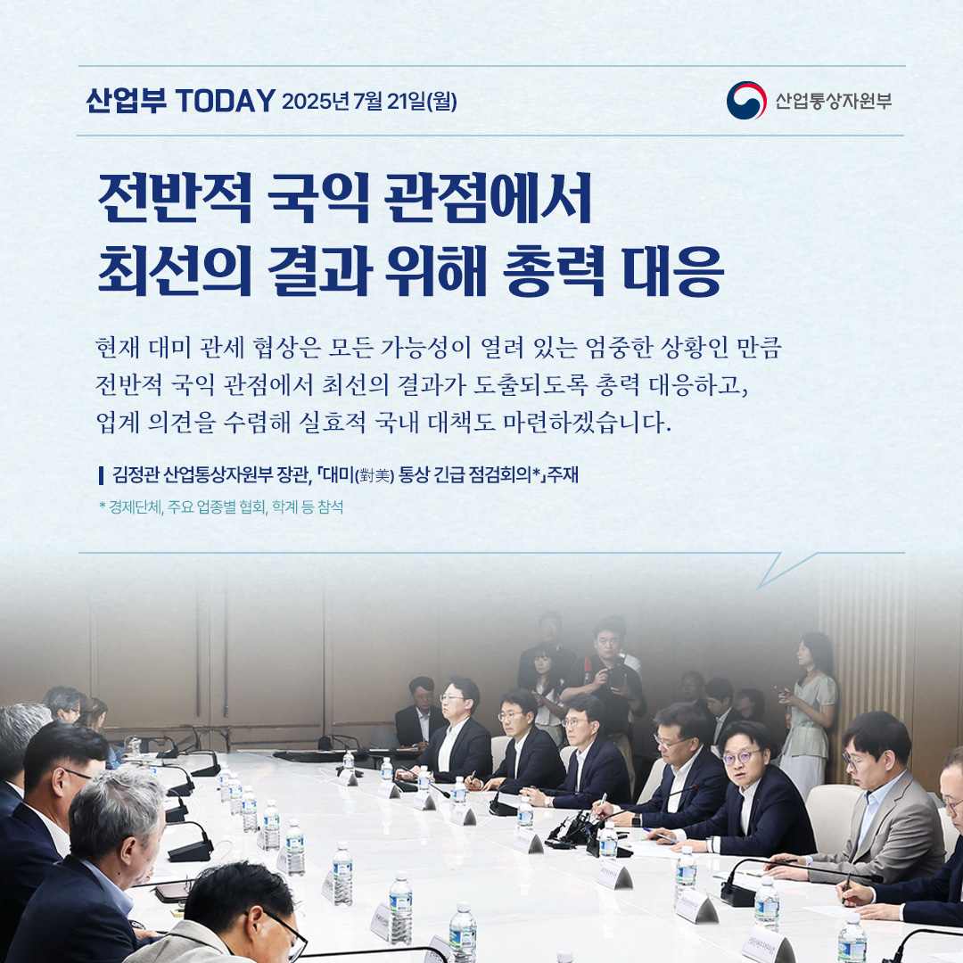산업부 투데이 2025년 7월21일
[전반적 국익 관점에서 최선의 결과 위해 총력 대응]

“현재 대미 관세 협상은 모든 가능성이 열려 있는 엄중한 상황인 만큼 전반적 국익 관점에서 최선의 결과가 도출되도록 총력 대응하고, 업계 의견을 수렴해 실효적 국내 대책도 마련하겠습니다.”

김정관 산업통상자원부 장관, 「대미(對美) 통상 긴급 점검회의」주재
*경제단체, 주요 업종별 협회, 학계 등 참석
산업통상자원부