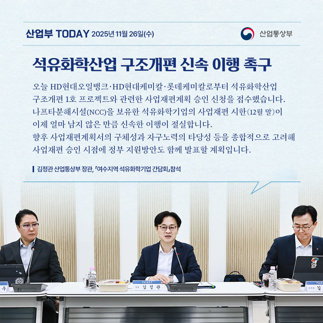 [석유화학산업 구조개편 신속 이행 촉구]

“오늘 HD현대오일뱅크·HD현대케미칼·롯데케미칼로부터 석유화학산업 구조개편 1호 프로젝트와 관련한 사업재편계획 승인 신청을 접수했습니다. 나프타분해시설(NCC)을 보유한 석유화학기업의 사업재편 시한(12월 말)이 이제 얼마 남지 않은 만큼 신속한 이행이 절실합니다. 향후 사업재편계획서의 구체성과 자구노력의 타당성 등을 종합적으로 고려해 사업재편 승인 시점에 정부 지원방안도 함께 발표할 계획입니다.”

김정관 산업통상부 장관, ｢여수지역 석유화학기업 간담회｣ 참석