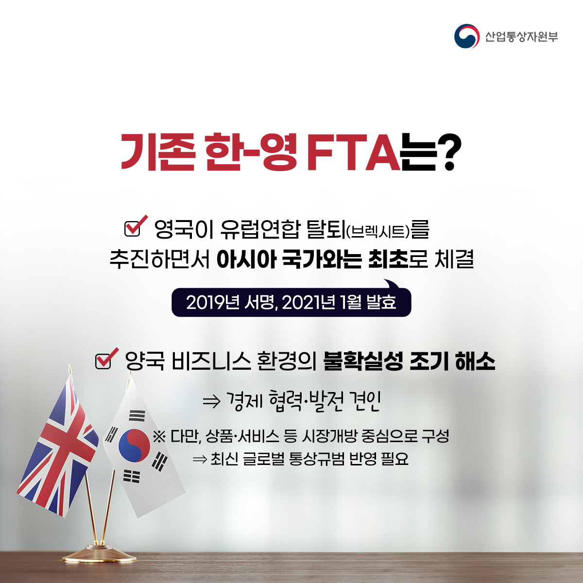 산업통상자원부
기존 한-영 FTA는?
영국이 유럽연합 탈퇴(브렉시트)를 추진하면서 아시아 국가와는 최초로 체결
2019년 서명, 2021년 1월 발효
양국 비즈니스 환경의 불확실성 조기 해소
⇒ 경제 협력·발전 견인 ※ 다만, 상품·서비스 등 시장개방 중심으로 구성 ⇒ 최신 글로벌 통상규범 반영 필요