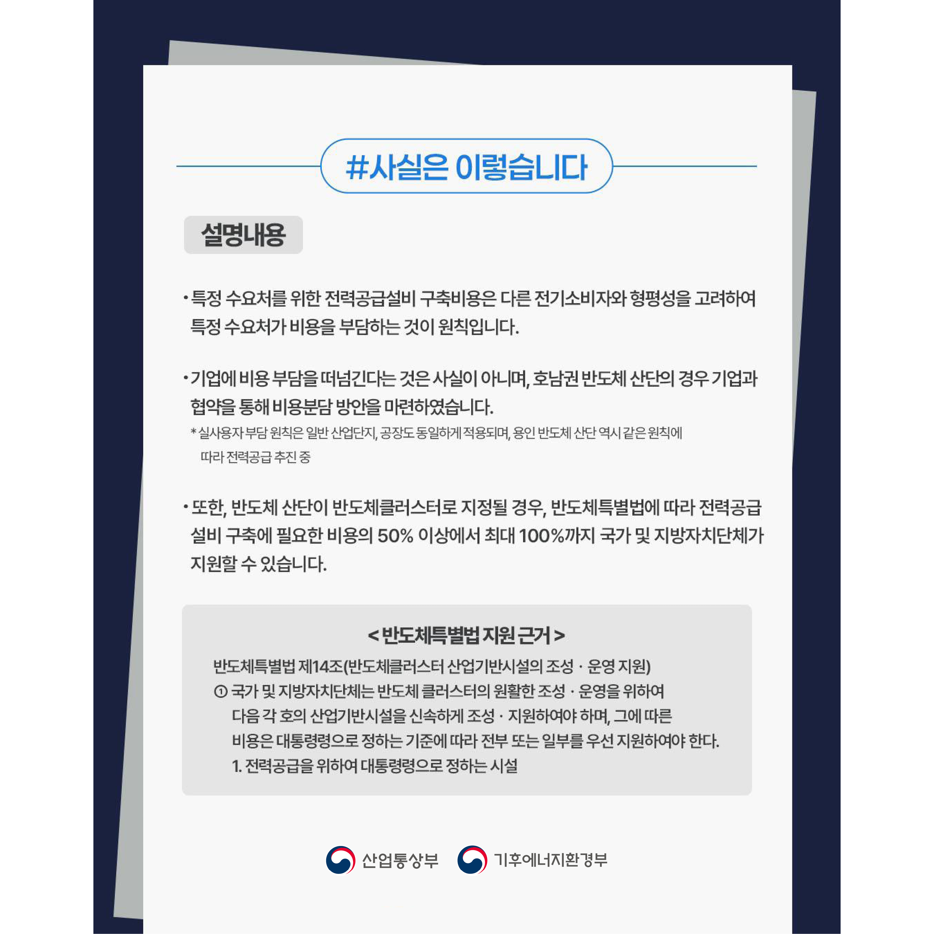 #사실은 이렇습니다
설명내용

특정 수요처를 위한 전력공급설비 구축비용은 다른 전기소비자와 형평성을 고려하여 특정 수요처가 비용을 부담하는 것이 원칙입니다.
기업에 비용 부담을 떠넘긴다는 것은 사실이 아니며, 호남권 반도체 산단의 경우 기업과 협약을 통해 비용분담 방안을 마련하였습니다.
* 실수용자 부담 원칙은 일반 산업단지, 공장도 동일하게 적용되며, 용인 반도체 산단 역시 같은 원칙에 따라 전력공급 추진 중
또한, 반도체 산단이 반도체클러스터로 지정될 경우, 반도체특별법에 따라 전력공급설비 구축에 필요한 비용의 50% 이상에서 최대 100%까지 국가 및 지방자치단체가 지원할 수 있습니다.

<반도체특별법 지원 근거>

반도체특별법 제14조(반도체클러스터 산업기반시설의 조성·운영 지원)

① 국가 및 지방자치단체는 반도체 클러스터의 원활한 조성·운영을 위하여 다음 각 호의 산업기반시설을 신속하게 조성·지원하여야 하며, 그에 따른 비용은 대통령령으로 정하는 기준에 따라 전부 또는 일부를 우선 지원하여야 한다.
전력공급을 위하여 대통령령으로 정하는 시설
산업통상부 | 기후에너지환경부