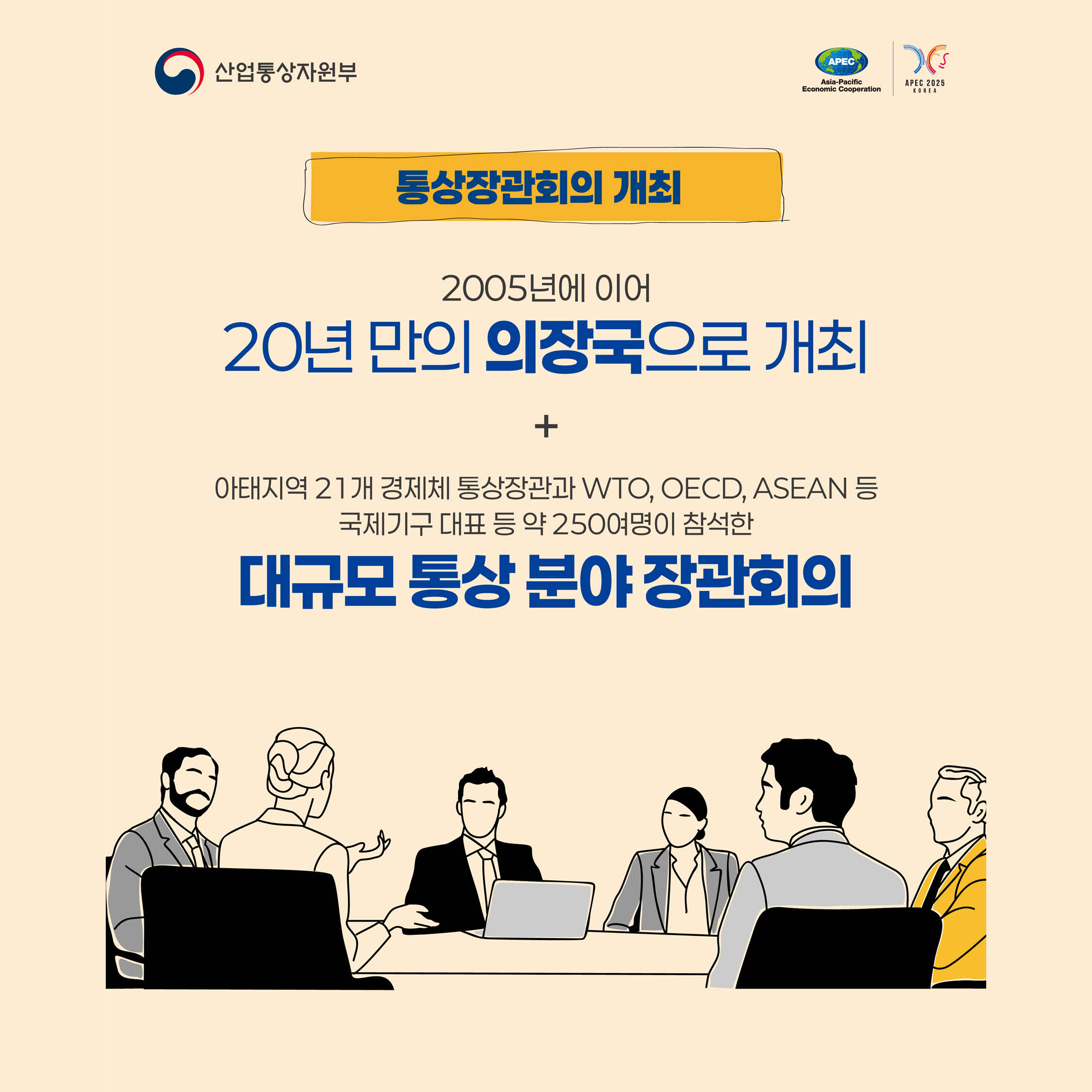 통상장관회의 개최


2005년에 이어
20년 만의 의장국으로 개최
+
아태지역 21개 경제체 통상장관과 WTO, OECD, ASEAN 등 국제기구 대표 등 약 250여명이 참석한
대규모 통상 분야 장관회의,공동선언문 주요 내용
WTO의 중요성
WTO의 중요성, 역할에 대한 APEC 회원 간 공동 인식 재확인
Al 통상 협력
통관 절차 AI 도입 확대, AI 표준 및 기술 정보 공유 활성화 등
Al 통상 협력 초석 마련
지속가능한 공급망 구축
글로벌 충격과 기후위기 대응이 가능한 공급망 구축 협력 합의