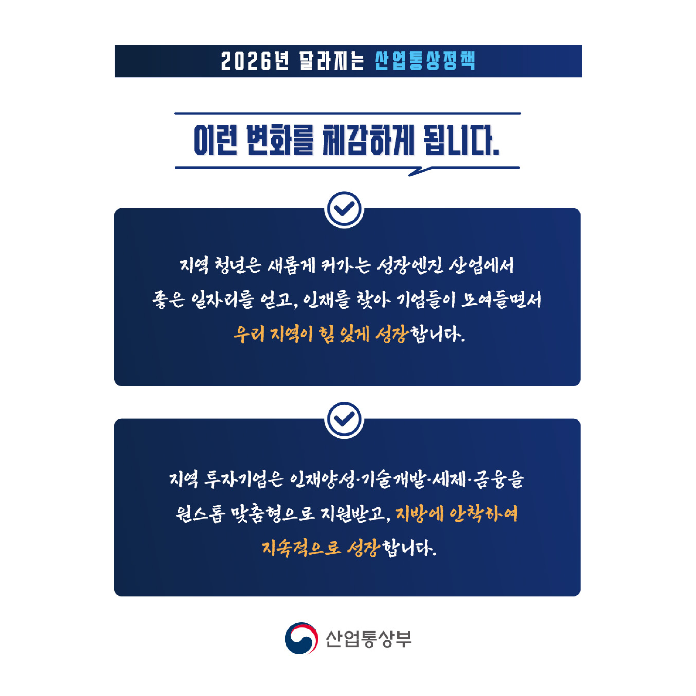  변화를 체감하게 됩니다

지역 청년은 새롭게 커가는 성장엔진 산업에서 좋은일자리를얻고, 인재를 찾아 기업들이 모여들면서 우리지역이 힘 있게 성장합니다.
지역 투자기업은 인재양성 기술개발 세재 금융을 원스톱 맞춤형으로 지원받고, 지방에 안착하여 지속적으로 성장합니다.