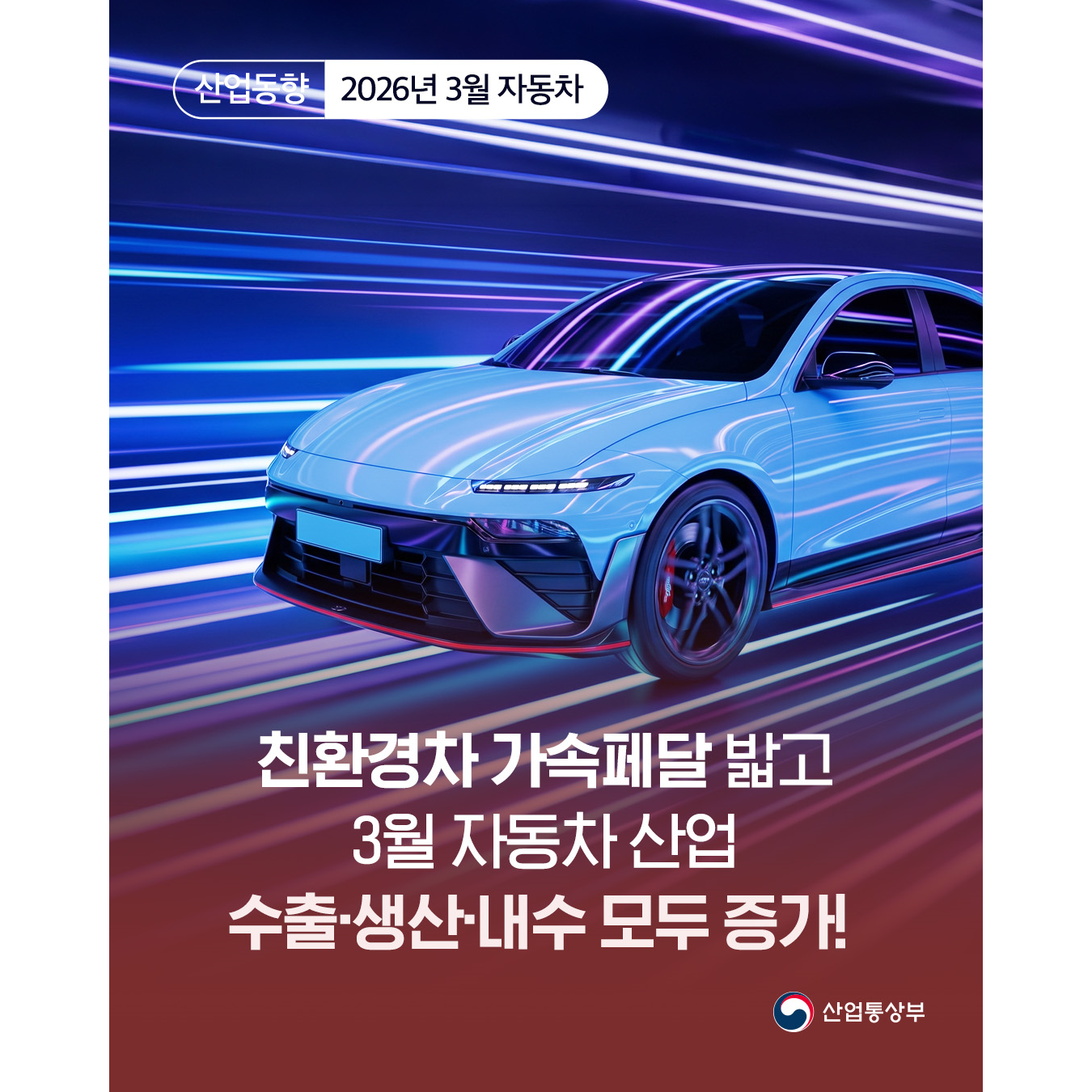 산업동향 2026년 3월 자동차

친환경차 가속페달 밟고
3월 자동차 산업
수출‧생산‧내수 모두 증가!