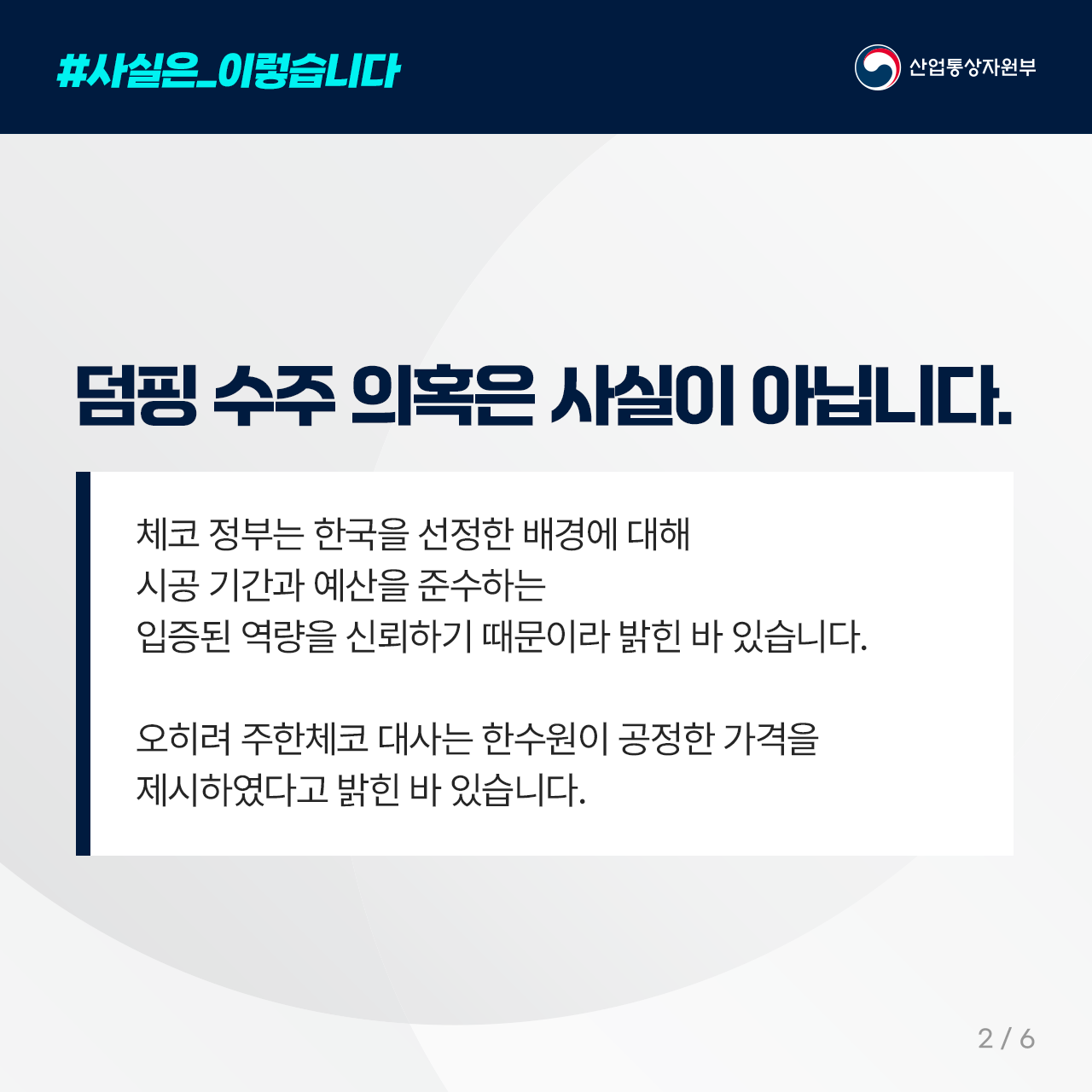 #사실은_이렇습니다
산업통상자원부

덤핑 수주 의혹은 사실이 아닙니다.

체코 정부는 한국을 선정한 배경에 대해
시공 기간과 예산을 준수하는
입증된 역량을 신뢰하기 때문이라 밝힌 바 있습니다. 

오히려 주한체코 대사는 한수원이 공정한 가격을
제시하였다고 밝힌 바 있습니다. 

2/6