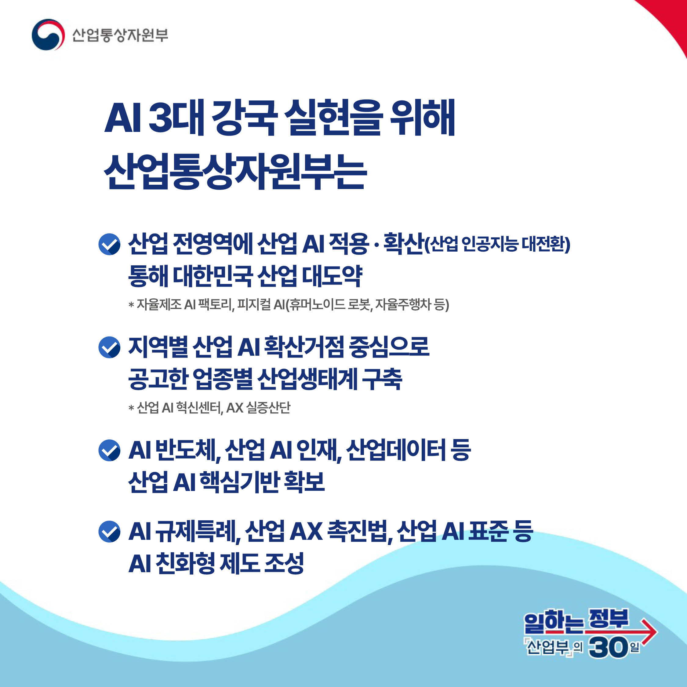 산업통상자원부

AI 3대 강국 실현을 위해 산업통상자원부는

산업 전영역에 산업 AI 적용 · 확산(산업 인공지능 대전환) 통해 대한민국 산업 대도약
* 자율제조 AI 팩토리, 피지컬 AI(휴머노이드 로봇, 자율주행차 등)   지역별 산업 AI 확산거점 중심으로
공고한 업종별 산업생태계 구축
* 산업 AI 혁신센터, AX 실증산단 AI 반도체, 산업 AI 인재, 산업데이터 등
산업 AI 핵심기반 확보 AI 규제특례, 산업 AX 촉진법, 산업 AI 표준 등
AI 친화형 제도 조성

일하는 정부 산업부의 30일