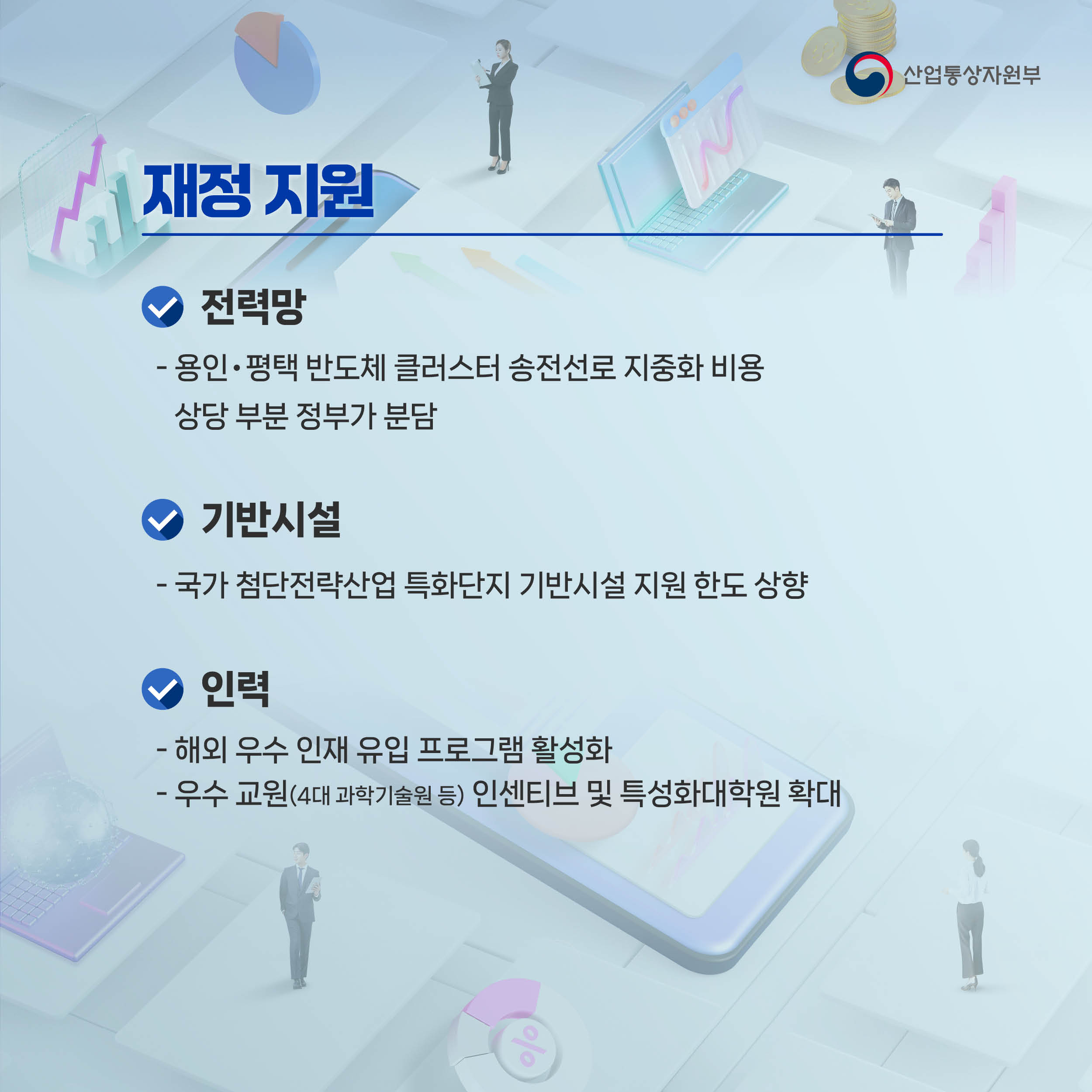 산업통상자원부

재정 지원

전력망
- 용인‧평택 반도체 클러스터 송전선로 지중화 비용 
상당 부분 정부가 분담

기반시설
- 국가 첨단전략산업 특화단지 기반시설 지원 한도 상향

인력
- 해외 우수 인재 유입 프로그램 활성화
- 우수 교원(4대 과학기술원 등) 인센티브 및 특성화대학원 확대