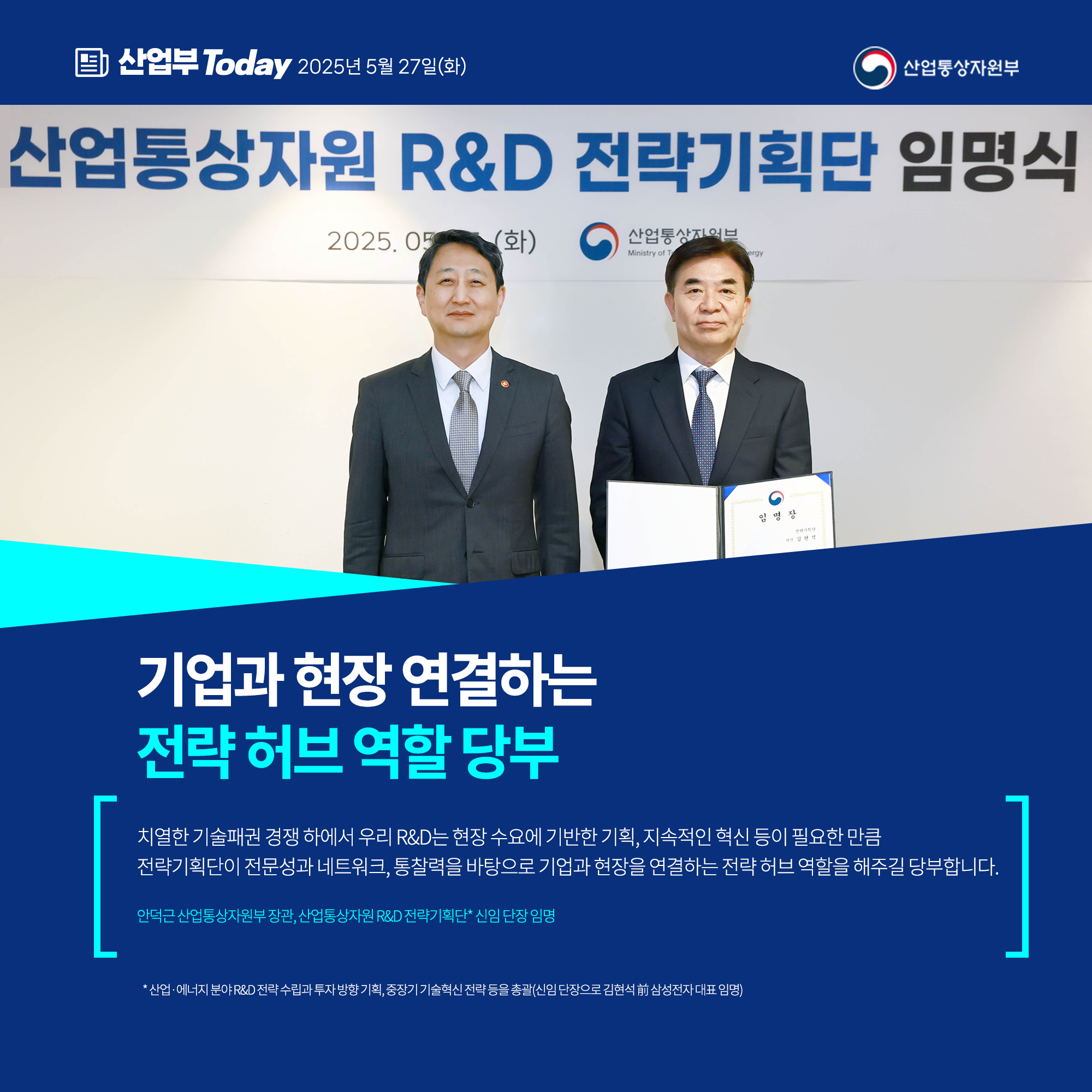 산업부today 2025년 5월27일(화)
기업과 현장 연결하는 전략 허브 역할 당부

“치열한 기술패권 경쟁 하에서 우리 R&D는 현장 수요에 기반한 기획, 지속적인 혁신 등이 필요한 만큼, 전략기획단이 전문성과 네트워크, 통찰력을 바탕으로 기업과 현장을 연결하는 전략 허브 역할을 해주길 당부합니다.”

안덕근 산업통상자원부 장관, 산업R&D 전략기획단* 신임 단장 임명

* 산업·에너지 분야 R&D 전략 수립과 투자 방향 기획, 중장기 기술혁신 전략 등을 총괄(신임 단장으로 김현석 前 삼성전자 대표 임명)