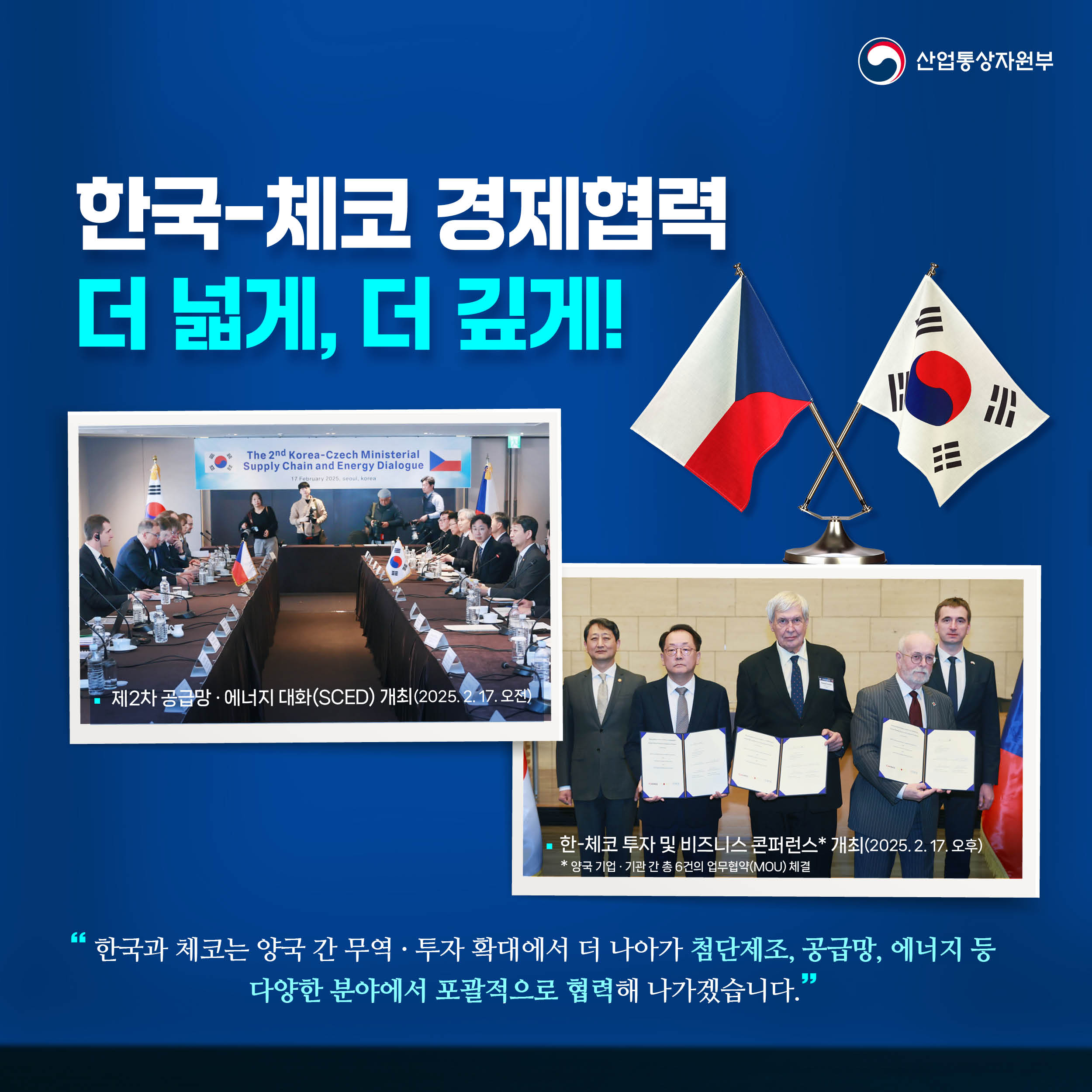 산업통상자원부

한국-체코 경제협력
더 넓게, 더 깊게!

제2차 공급망‧에너지 대화(SCED) 개최(2025. 2. 17. 오전)

한-체코 투자 및 비즈니스 콘퍼런스* 개최(2025. 2. 17. 오후)
* 양국 기업·기관 간 총 6건의 업무협약(MOU) 체결

“양국 간 무역‧투자 확대에서 더 나아가 첨단제조, 공급망, 에너지 등 다양한 분야에서 포괄적으로 협력해 나가겠습니다.”