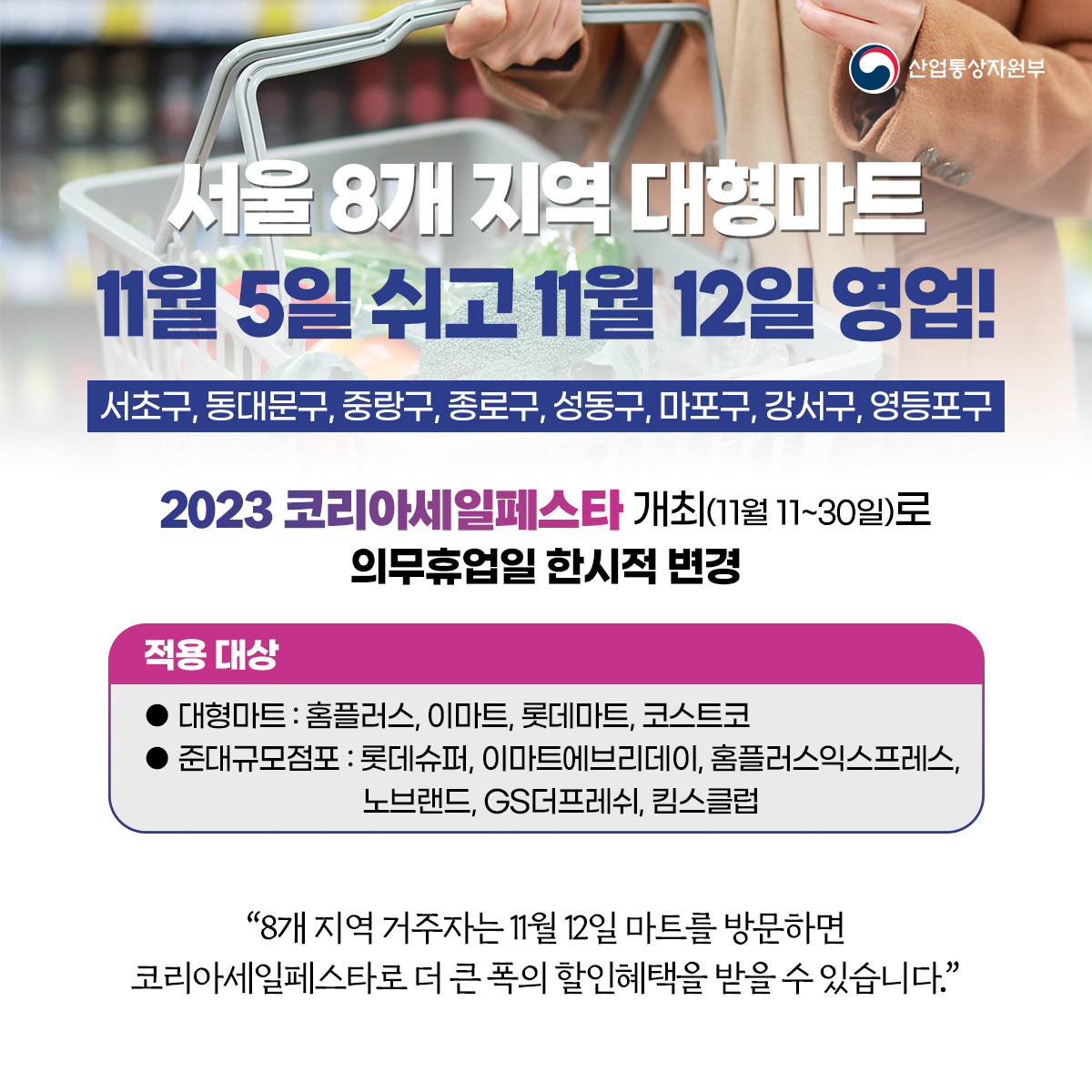 산업통상자원부
서울 8개 지역 대형마트 11월 5일 쉬고 11월 12일 영업!
서초구,동대문구, 중랑구, 종로구, 성동구, 마포구, 강서구, 영등포구
2023 코리아세일페스타 개최(11월 11~30일)로 의무휴업일 한시적 변경
적용 대상
대형마트 : 홈플러스, 이마트, 롯데마트, 코스트코
준대규모점포 : 롯데슈퍼, 이마트에브리데이, 홈플러스익스프레스,
노브랜드, GS더프레쉬, 킴스클럽
"8개 지역 거주자는 11월 12일 마트를 방문하면 코리아세일페스타로 더 큰 폭의 할인혜택을 받을 수 있습니다.”