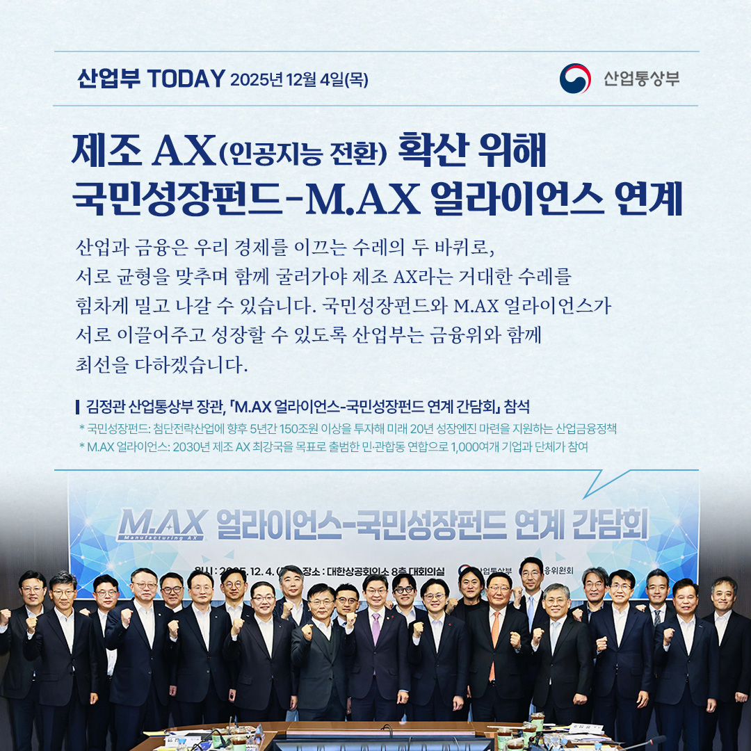 제조 AX(인공지능 전환) 확산 위해 국민성장펀드-M.AX 얼라이언스 연계

“산업과 금융은 우리 경제를 이끄는 수레의 두 바퀴로, 서로 균형을 맞추며 함께 굴러가야 제조 AX라는 거대한 수레를 힘차게 밀고 나갈 수 있습니다. 국민성장펀드와 M.AX 얼라이언스가 서로 이끌어주고 성장할 수 있도록 산업부는 금융위와 함께 최선을 다하겠습니다.”

김정관 산업통상부 장관, 「M.AX 얼라이언스-국민성장펀드 연계 간담회」 참석

* 국민성장펀드: 첨단전략산업에 향후 5년간 150조원 이상을 투자해 미래 20년 성장엔진 마련을 지원하는 산업금융정책 * M.AX 얼라이언스: 2030년 제조 AX 최강국을 목표로 출범한 민·관합동 연합으로 1,000여개 기업과 단체가 참여
