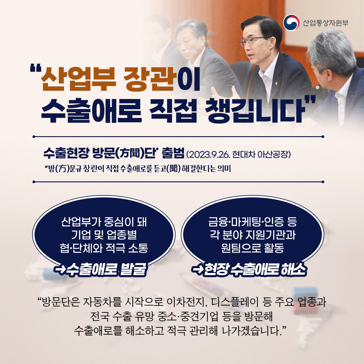 산업통상자원부
"산업부 장관이 수출애로 직접 챙깁니다"
수출현장 방문(方聞)단 출범 (2023.9.26. 현대차 아산공장) *방(方)문규 장관이 직접 수출애로를 듣고(聞) 해결한다는 의미
산업부가 중심이 돼 기업 및 업종별 협·단체와 적극 소통
→수출애로 발굴
금융·마케팅·인증 등 각 분야 지원기관과 원팀으로 활동
→현장 수출애로 해소
“방문단은 자동차를 시작으로 이차전지, 디스플레이 등 주요 업종과 전국 수출 유망 중소·중견기업 등을 방문해 수출애로를 해소하고 적극 관리해 나가겠습니다."