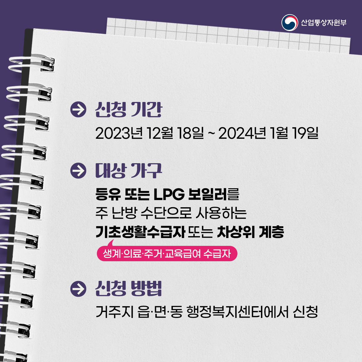 산업통상자원부
◇신청 기간
2023년 12월 18일 ~ 2024년 1월 19일
● 대상 가구
등유 또는 LPG 보일러를 주 난방 수단으로 사용하는 기초생활수급자 또는 차상위 계층
생계·의료·주거·교육급여 수급자
◇신청 방법
거주지 읍·면·동 행정복지센터에서 신청