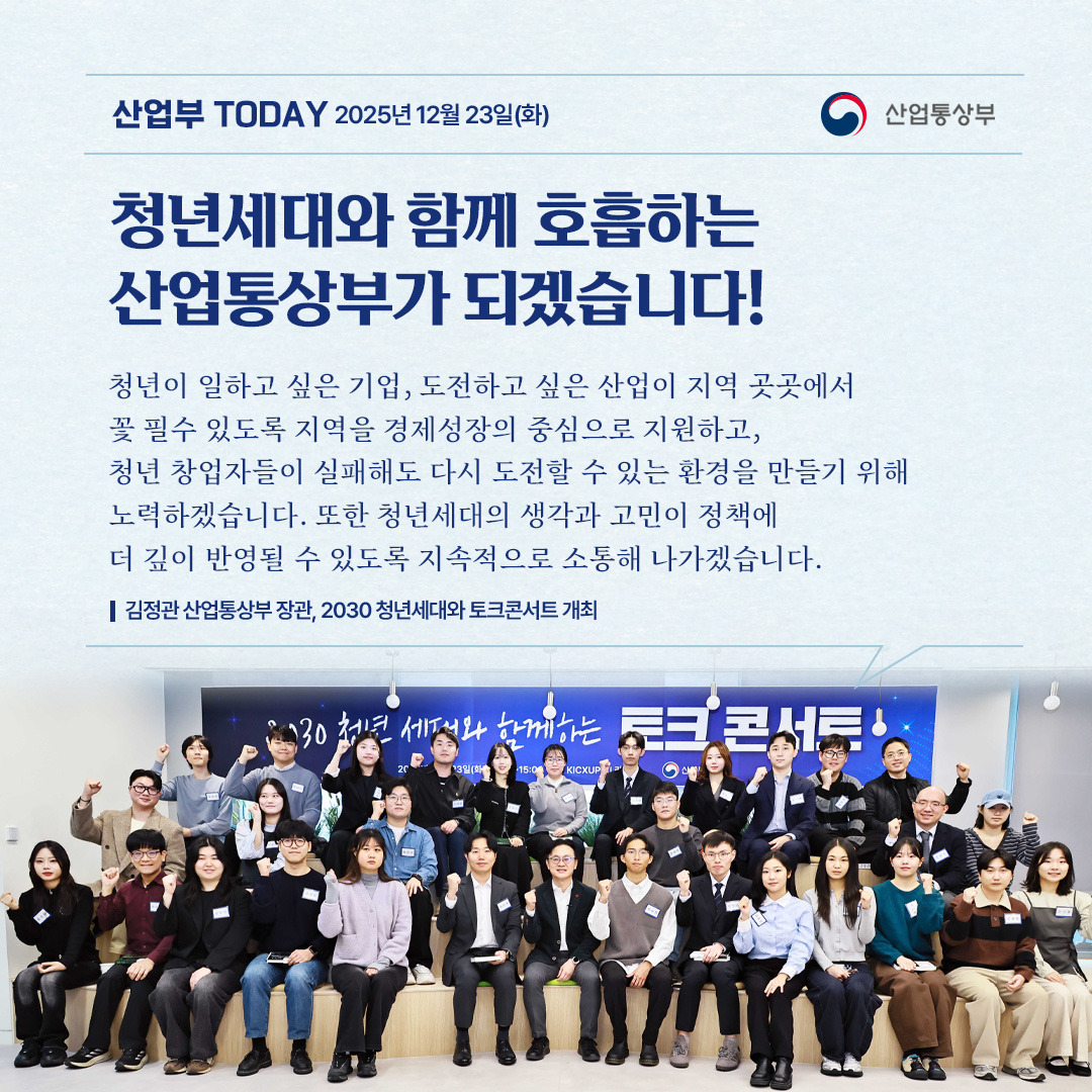 산업부 Today 2025년 12월 23일(화) 산업통상부

[청년세대와 함께 호흡하는 산업통상부가 되겠습니다!]

“청년이 일하고 싶은 기업, 도전하고 싶은 산업이 지역 곳곳에서 꽃 필수 있도록 지역을 경제성장의 중심으로 지원하고, 청년 창업자들이 실패해도 다시 도전할 수 있는 환경을 만들기 위해 노력하겠습니다. 또한 청년세대의 생각과 고민이 정책에 더 깊이 반영될 수 있도록 지속적으로 소통해 나가겠습니다.”

*김정관 산업통상부 장관, 2030 청년세대와 토크콘서트 개최
