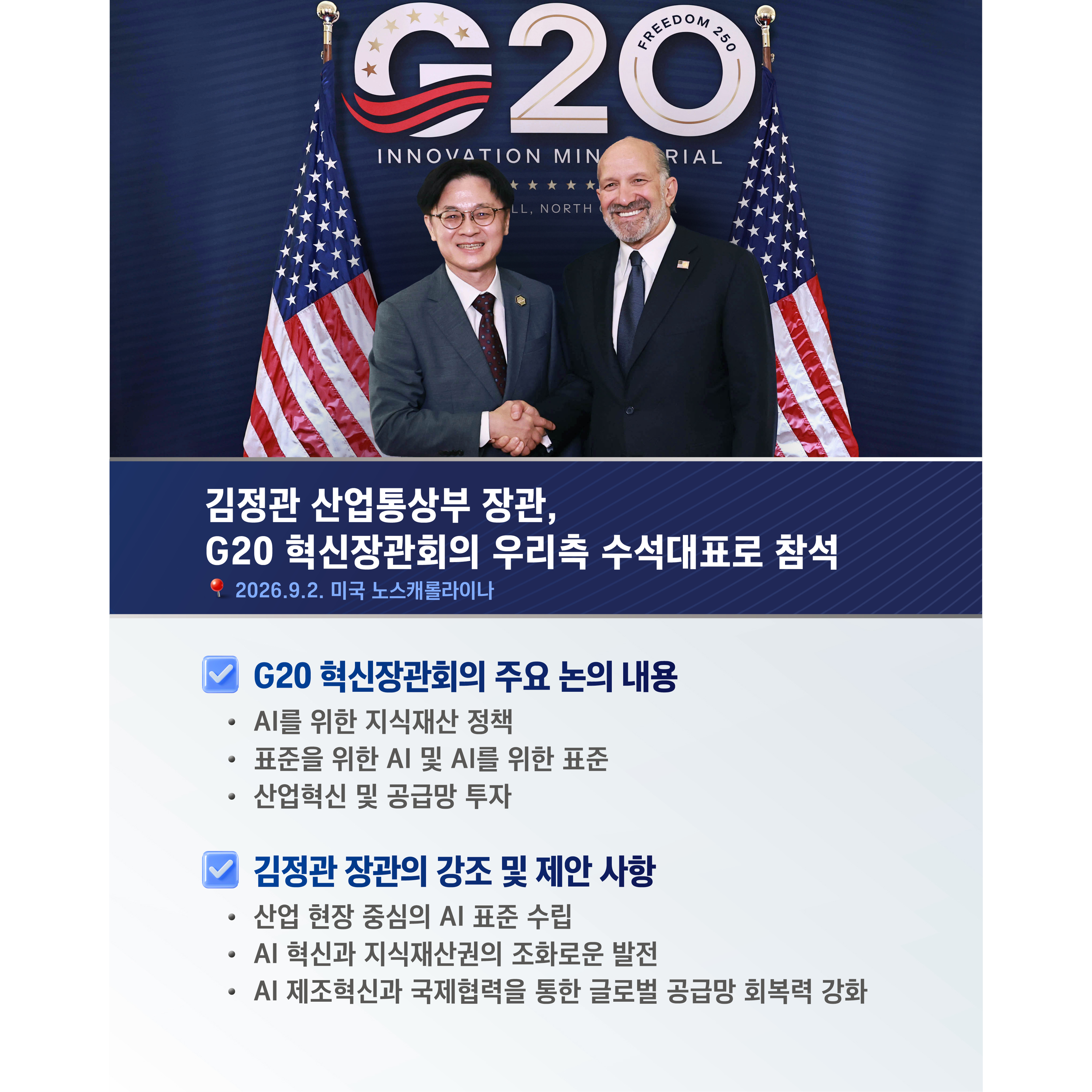 김정관 산업통상부 장관,
G20 혁신장관회의 우리측 수석대표로 참석(2026.9.2. 미국 노스캐롤라이나)

√ G20 혁신장관회의 주요 논의 내용
- AI를 위한 지식재산 정책
- 표준을 위한 AI 및 AI를 위한 표준
- 산업혁신 및 공급망 투자

√ 김정관 장관의 강조 및 제안 사항
- 산업 현장 중심의 AI 표준 수립
- AI 혁신과 지식재산권의 조화로운 발전
- AI 제조혁신과 국제협력을 통한 글로벌 공급망 회복력 강화
