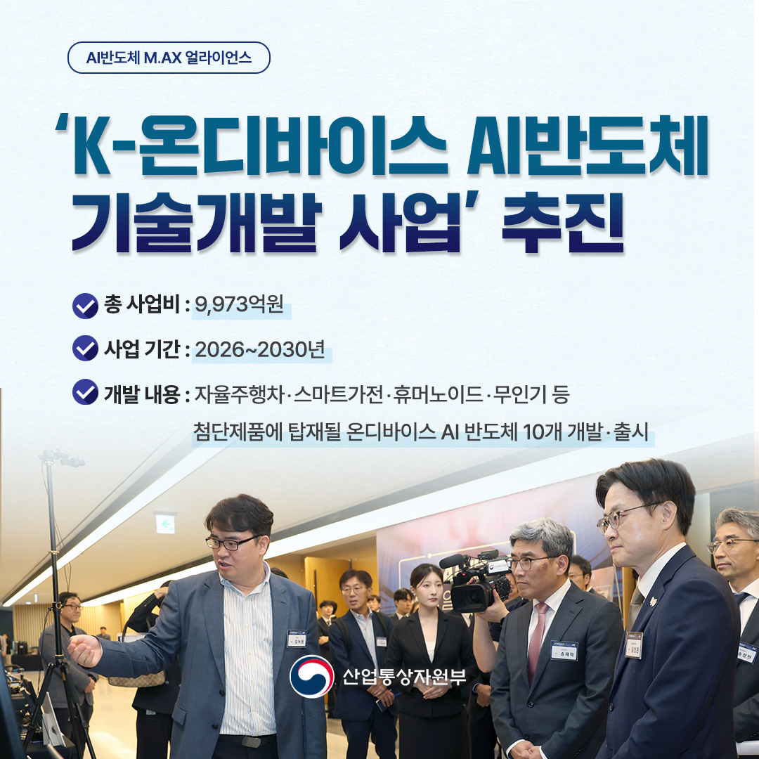 ‘K-온디바이스 AI반도체 기술개발 사업’ 추진

√ 총 사업비 : 9,973억원
√ 사업 기간 : 2026~2030년
√ 개발 내용 : 자율주행차‧스마트가전‧휴머노이드‧무인기 등 첨단제품에 탑재될 온디바이스 AI 반도체 10개 개발‧출시