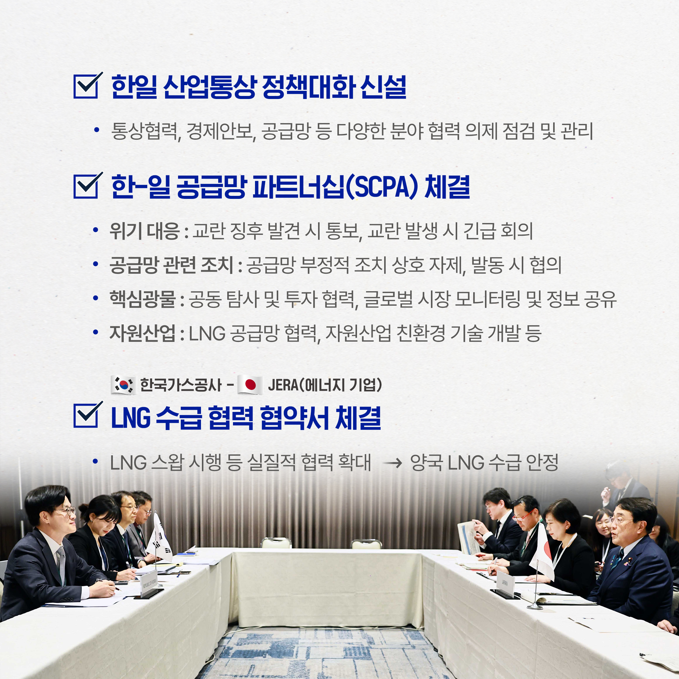 √ 한일 산업통상 정책대화 신설
- 통상협력, 경제안보, 공급망 등 다양한 분야 협력 의제 점검 및 관리

√ 한-일 공급망 파트너십(SCPA) 체결
- 위기 대응 : 교란 징후 발견 시 통보, 교란 발생 시 긴급 회의
- 공급망 관련 조치 : 공급망 부정적 조치 상호 자제, 발동 시 협의
- 핵심광물 : 공동 탐사 및 투자 협력, 글로벌 시장 모니터링 및 정보 공유
- 자원산업 : LNG 공급망 협력, 자원산업 친환경 기술 개발 등

(한국) 한국가스공사 - (일본) JERA(에너지 기업)
√ LNG 수급 협력 협약서 체결
- LNG 스왑 시행 등 실질적 협력 확대 ⇒ 양국 LNG 수급 안정