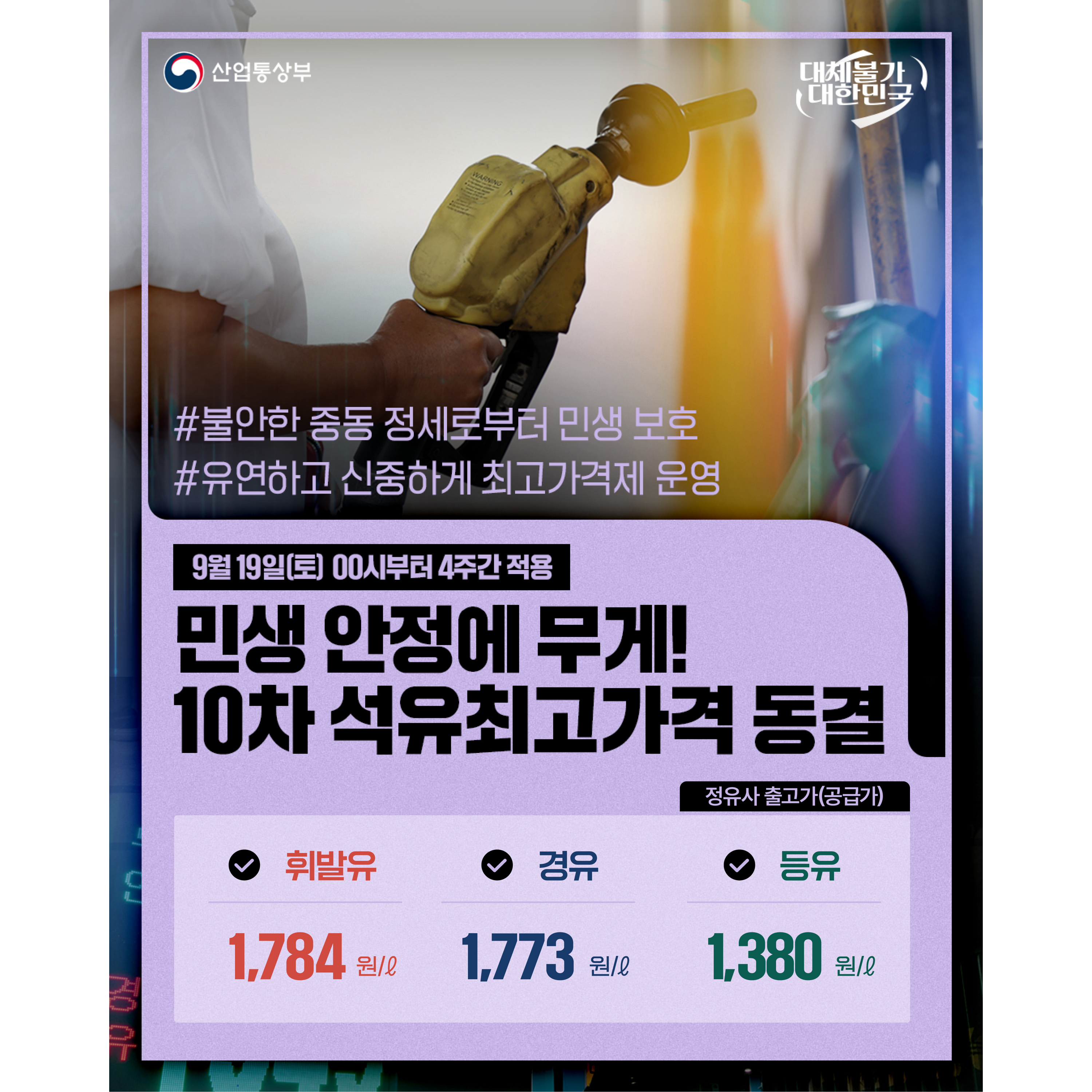 산업통상부
대체불가 대한민국


#불안한 중동 정세로부터 민생 보호
#유연하고 신중하게 최고가격제 운영

9월 19일(토) 00시부터 4주간 적용
민생 안정에 무게!
10차 석유최고가격 동결

[정유사 출고가(공급가)]
✔️ #휘발유 1,784원/ℓ
✔️ #경유 1,773원/ℓ
✔️ #등유 1,380원/ℓ