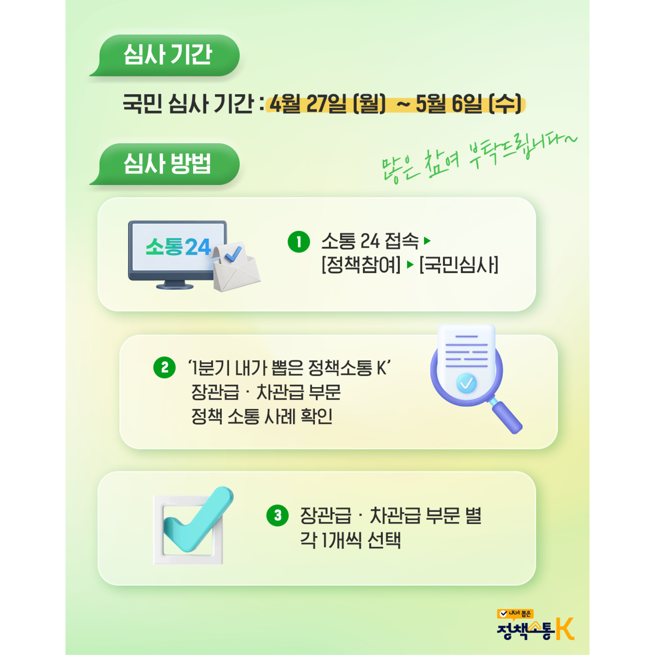 심사 기간 및 방법
심사 기간: 국민 심사 기간 : 4월 27일 (월) ~ 5월 6일 (수)
심사 방법:
소통 24 접속 ▶ [정책참여] ▶ [국민심사]
‘1분기 내가 뽑은 정책소통 K’ 장관급·차관급 부문 정책 소통 사례 확인
장관급·차관급 부문별 각 1개씩 선택
우측 상단 문구: 많은 참여 부탁드립니다~
