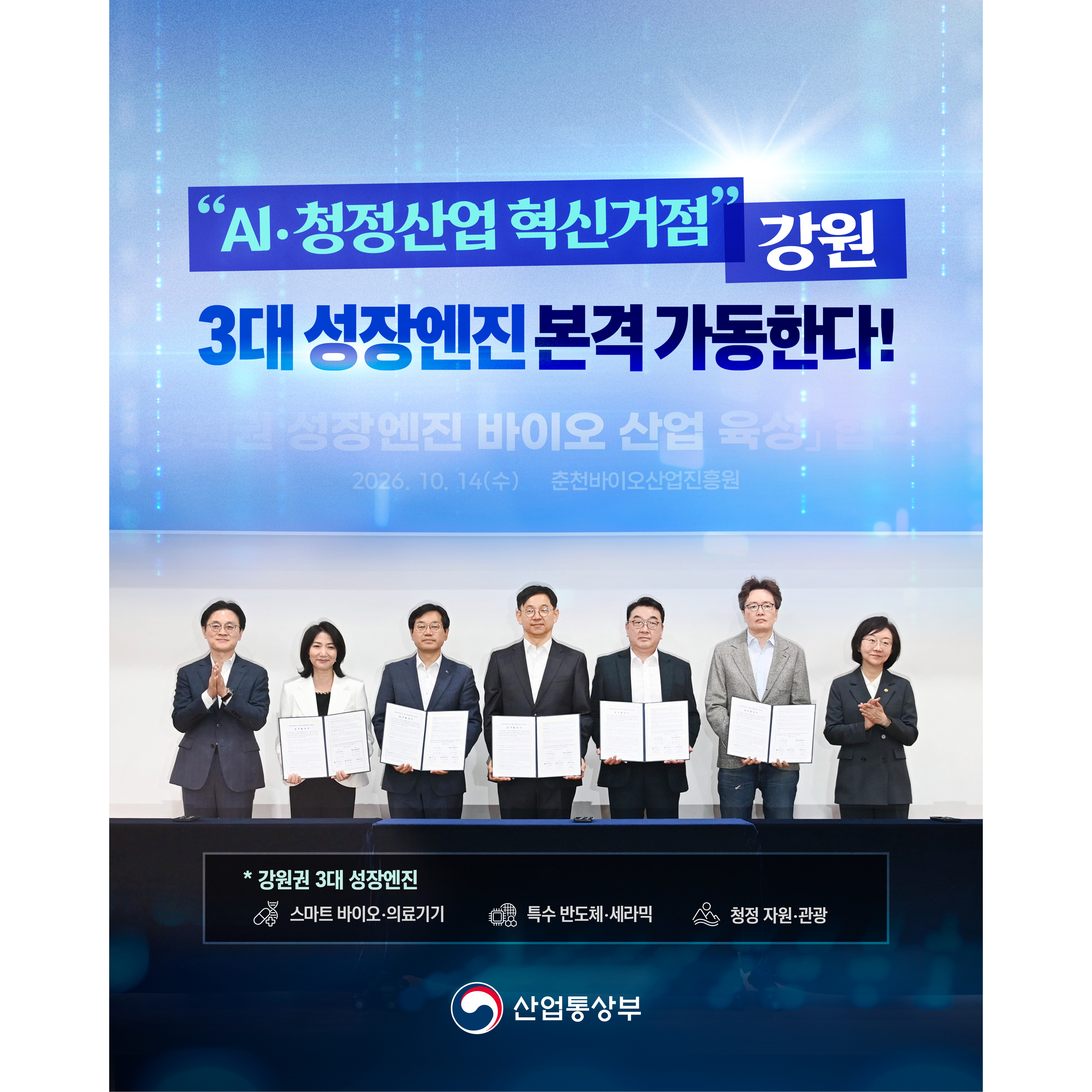 ‘AI‧청정산업 혁신거점’ 강원
3대 성장엔진 본격 가동한다!


* 강원권 3대 성장엔진
- 스마트 바이오‧의료기기
- 특수 반도체‧세라믹
- 청정 자원‧관광


산업통상부