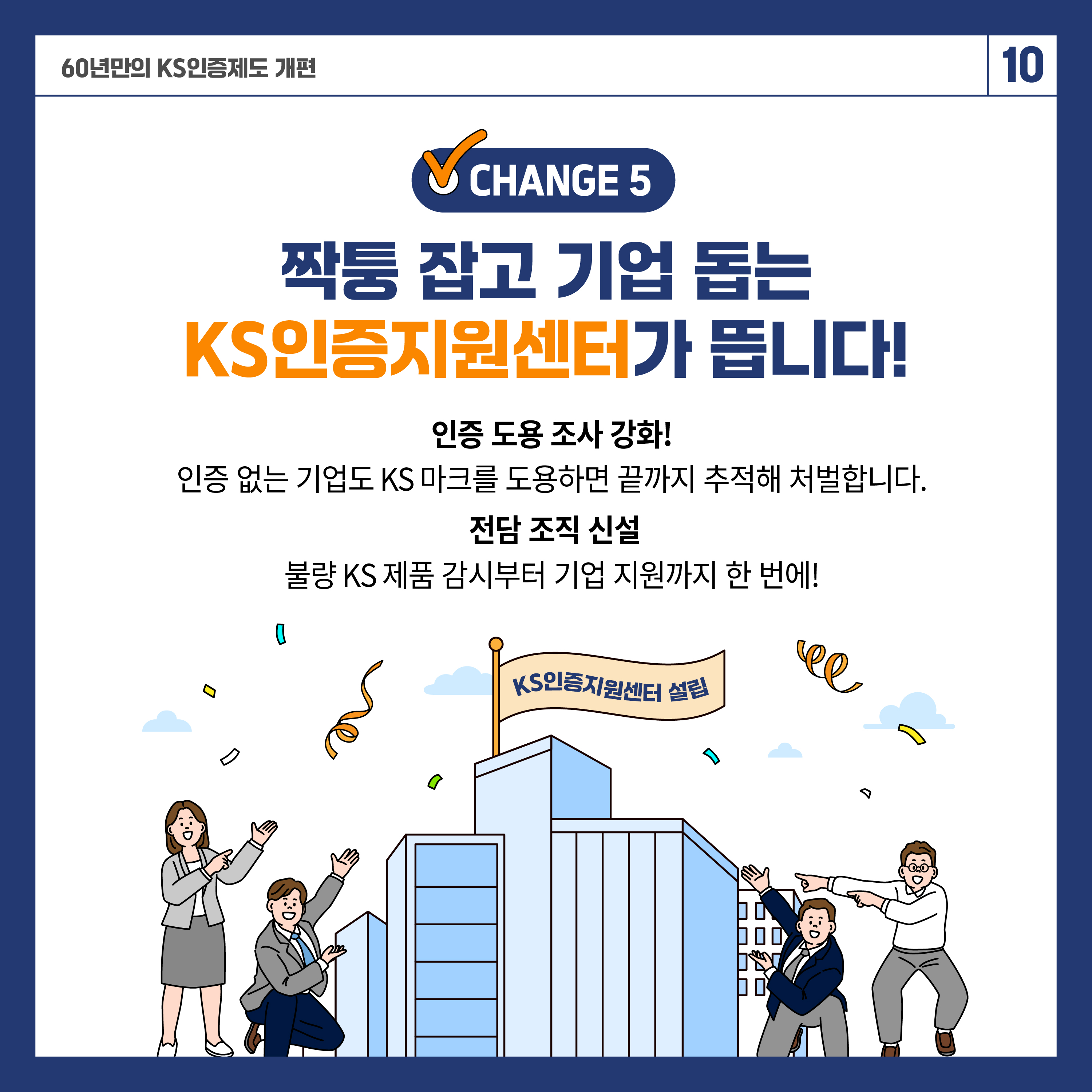 60년 만의 KS인증제도 개편 10


✔ CHANGE 5
짝퉁 잡고 기업 돕는
KS 인증지원센터가 뜹니다!

인증 도용 조사 강화!
인증 없는 기업도 KS 마크를 도용하면 끝까지 추적해 처벌합니다.

전담 조직 신설
불량 KS 제품 감시부터 기업 지원까지 한 번에!

KS 인증지원센터 설립