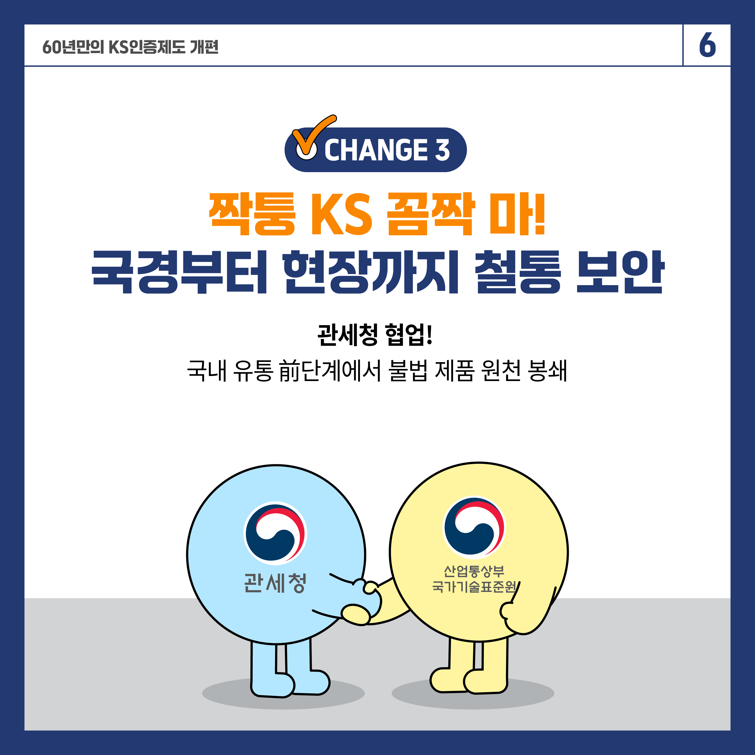60년 만의 KS인증제도 개편 6

✔ CHANGE 3
짝퉁 KS 꼼짝 마!
국경부터 현장까지 철통 보안

관계기관 협업!
국내 유통 전 단계에서 불법 제품 원천 봉쇄
