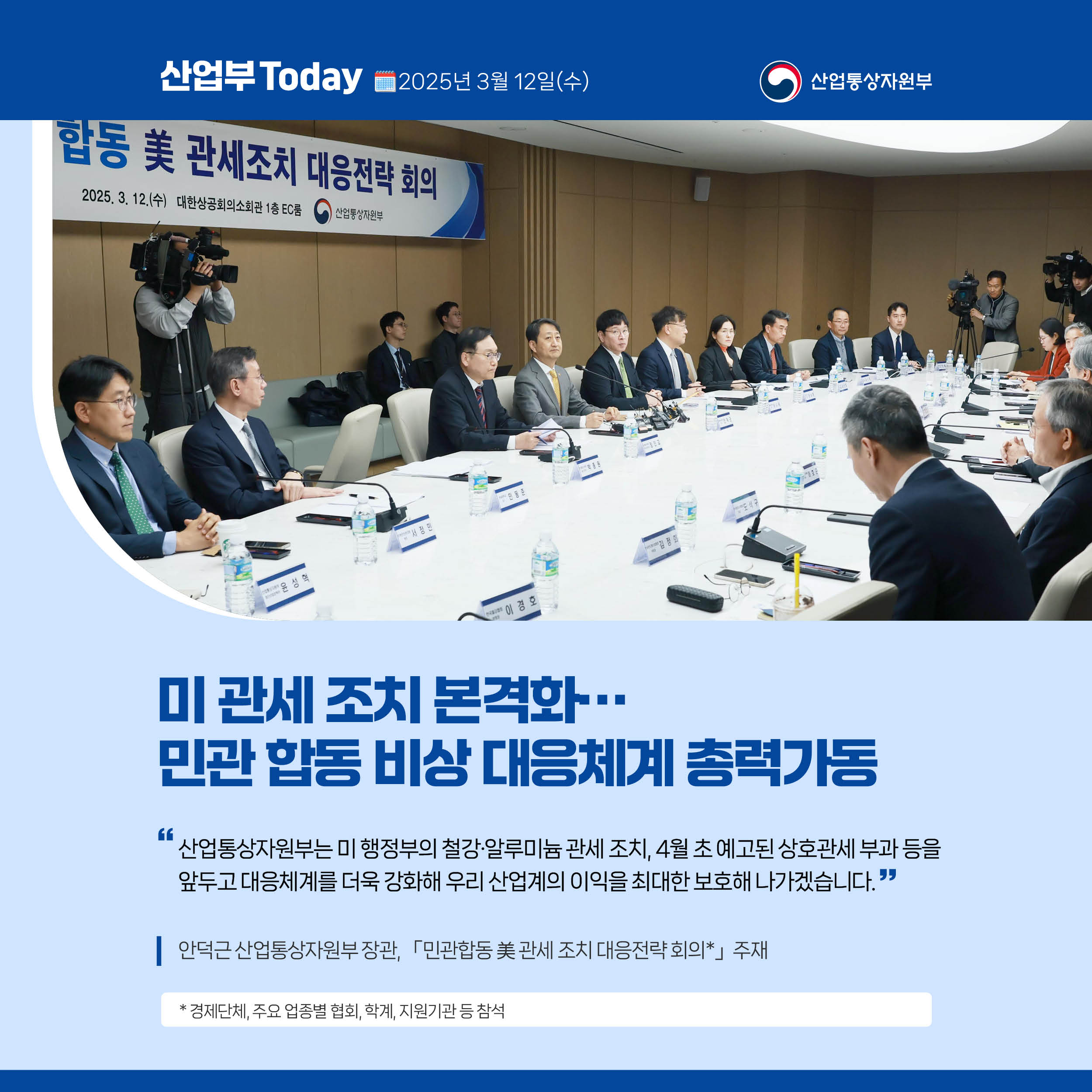 산업부 Today 2025년 3월 12일(수) 산업통상자원부

미 관세 조치 본격화…민관 합동 비상 대응체계 총력가동

“산업통상자원부는 미 행정부의 철강·알루미늄 관세 조치, 4월 초 예고된 상호관세 부과 등을 앞두고 대응체계를 더욱 강화해 우리 산업계의 이익을 최대한 보호해 나가겠습니다.”

안덕근 산업통상자원부 장관, 「민관합동 美 관세 조치 대응전략 회의*」주재

* 경제단체, 주요 업종별 협회, 학계, 지원기관 등 참석