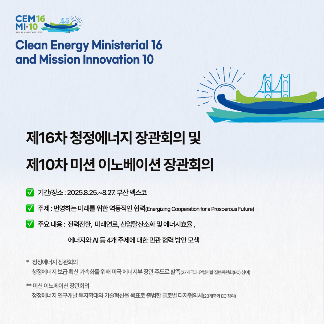 제16차 청정에너지 장관회의 및 제10차 미션 이노베이션 장관회의

√ 기간/장소 : 2025.8.25.~8.27. 부산 벡스코
√ 주제 : 번영하는 미래를 위한 역동적인 협력(Energizing Cooperation for a Prosperous Future)
√ 주요 내용 : 전력전환, 미래연료, 산업탈산소화 및 에너지효율, 에너지와 AI 등 4개 주제에 대한 민관 협력 방안 모색

* 청정에너지 장관회의
청정에너지 보급‧확산 가속화를 위해 미국 에너지부 장관 주도로 발족(27개국과 유럽연합 집행위원회(EC) 참여)

** 미션 이노베이션 장관회의
청정에너지 연구개발 투자확대와 기술혁신을 목표로 출범한 글로벌 다자협의체(23개국과 EC 참여)
