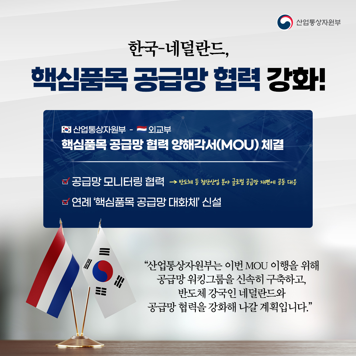 산업통상자원부
한국-네덜란드, 핵심품목 공급망 협력 강화!
산업통상자원부 - 외교부
핵심품목 공급망 협력 양해각서(MOU) 체결
■공급망 모니터링 협력 반도체 등 첨단산업 분야 글로벌 공급망 재편에 공동 대응
연례 '핵심품목 공급망 대화체' 신설
"산업통상자원부는 이번 MOU 이행을 위해 공급망 워킹그룹을 신속히 구축하고, 반도체 강국인 네덜란드와 공급망 협력을 강화해 나갈 계획입니다."