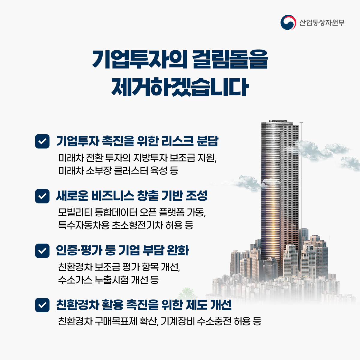 산업통상자원부
기업투자의 걸림돌을 제거하겠습니다
✔ 기업투자 촉진을 위한 리스크 분담 미래차 전환 투자의 지방투자 보조금 지원, 미래차 소부장 클러스터 육성 등
✔ 새로운 비즈니스 창출 기반 조성 모빌리티 통합데이터 오픈 플랫폼 가동, 특수자동차용 초소형전기차 허용 등
✔ 인증·평가 등 기업 부담 완화 친환경차 보조금 평가 항목 개선, 수소가스 누출시험 개선 등
✔ 친환경차 활용 촉진을 위한 제도 개선 친환경차 구매목표제 확산, 기계장비 수소충전 허용 등