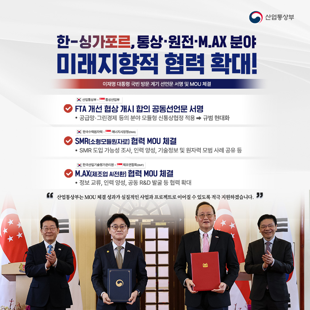 한-싱가포르, 통상·원전·M.AX (제조업 AI전환)분야
미래지향적 협력 확대!한-싱가포르, 통상·원전·M.AX (제조업 AI전환)분야
미래지향적 협력 확대!

이재명 대통령 국빈 방문 계기 선언문 서명 및 MOU 체결

(한국) 산업통상부 - (싱가포르) 통상산업부
√ FTA 개선 협상 개시 합의 공동선언문 서명
- 공급망·그린경제·등의 분야 모듈형 신통상협정 적용 ⇒ 규범 현대화

(한국) 한국수력원자력 – (싱가포르) 에너지시장청(EMA)
√ SMR(소형모듈원자로) 협력 MOU 체결
SMR 도입 가능성 조사, 인력 양성, 기술정보 및 원자력 모범 사례 공유 등

(한국) 한국산업기술평가관리원 – (싱가포르) 제조연합회(SMF)
√ M.AX(제조업 AI전환) 협력 MOU 체결
정보 교류, 인력 양성, 공동 R&D 발굴 등 협력 확대

“산업통상부는 MOU 체결 성과가 실질적인 사업과 프로젝트로 이어질 수 있도록 적극 지원하겠습니다.”