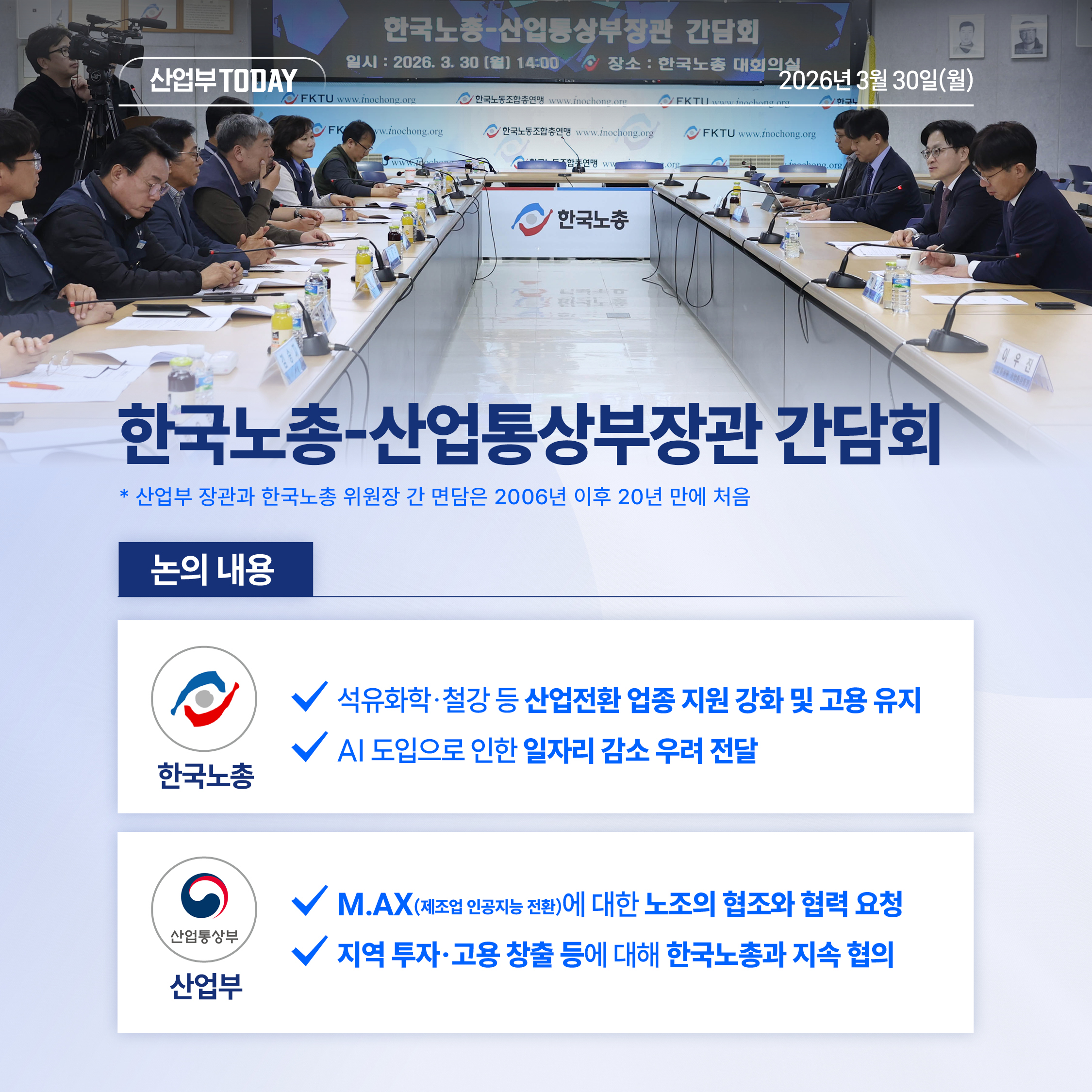 한국노총-산업통상부장관 간담회

* 산업부 장관과 한국노총 위원장 간 면담은 2006년 이후 20년 만에 처음





논의 내용

√ 한국노총

석유화학‧철강 등 산업전환 업종 지원 강화 및 고용 유지

AI 도입으로 인한 일자리 감소 우려 전달





√ 산업부

M.AX(제조업 인공지능 전환)에 대한 노조의 협조와 협력 요청

지역 투자‧고용 창출 등에 대해 한국노총과 지속 협의