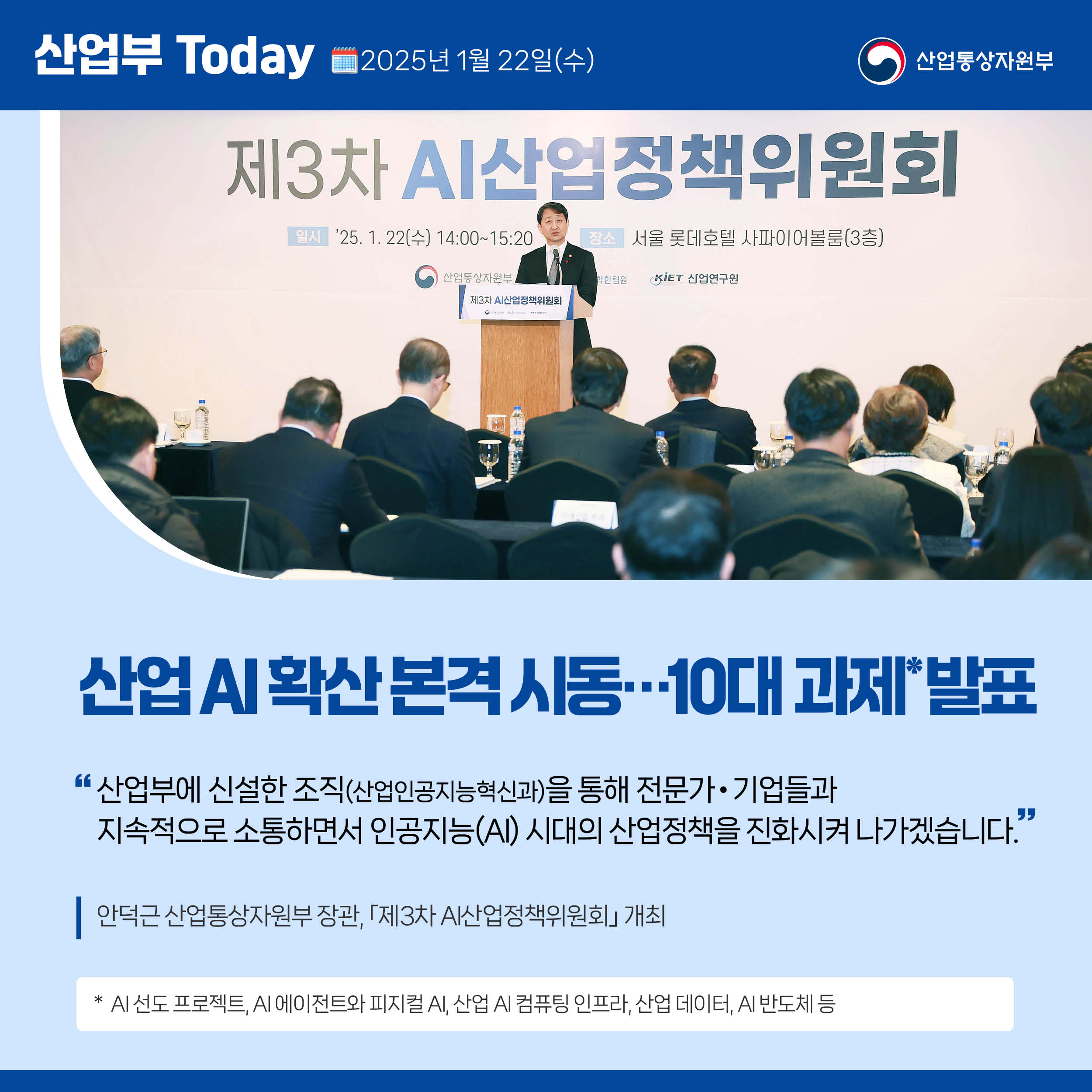 산업부 Today 2025년 1월 22일(수) 산업통상자원부

산업 AI 확산 본격 시동…10대 과제 발표

“산업부에 신설한 조직(산업인공지능혁신과)을 통해 전문가‧기업들과 지속적으로 소통하면서 인공지능(AI) 시대의 산업정책을 진화시켜 나가겠습니다.”

안덕근 산업통상자원부 장관, ｢제3차 AI산업정책위원회｣ 개최

* AI 선도 프로젝트, AI 에이전트와 피지컬 AI, 산업 AI 컴퓨팅 인프라, 산업 데이터, AI 반도체 등 