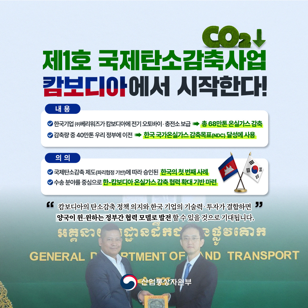 제1호 국제탄소감축사업 캄보디아에서 시작한다!

√ 사업 개요
- 한국 기업 ㈜베리워즈가 캄보디아에 전기 오토바이‧충전소 보급 ⇒ 총 68만톤 온실가스 감축
- 감축량 중 40만톤 우리 정부에 이전 ⇒ 한국 국가온실가스 감축목표(NDC) 달성에 사용

√ 사업 의의
- 국제탄소감축 제도(파리협정 기반)에 따라 승인된 한국의 첫 번째 사례
- 수송 분야를 중심으로 한-캄보디아 온실가스 감축 협력 확대 기반 마련

산업통상자원부