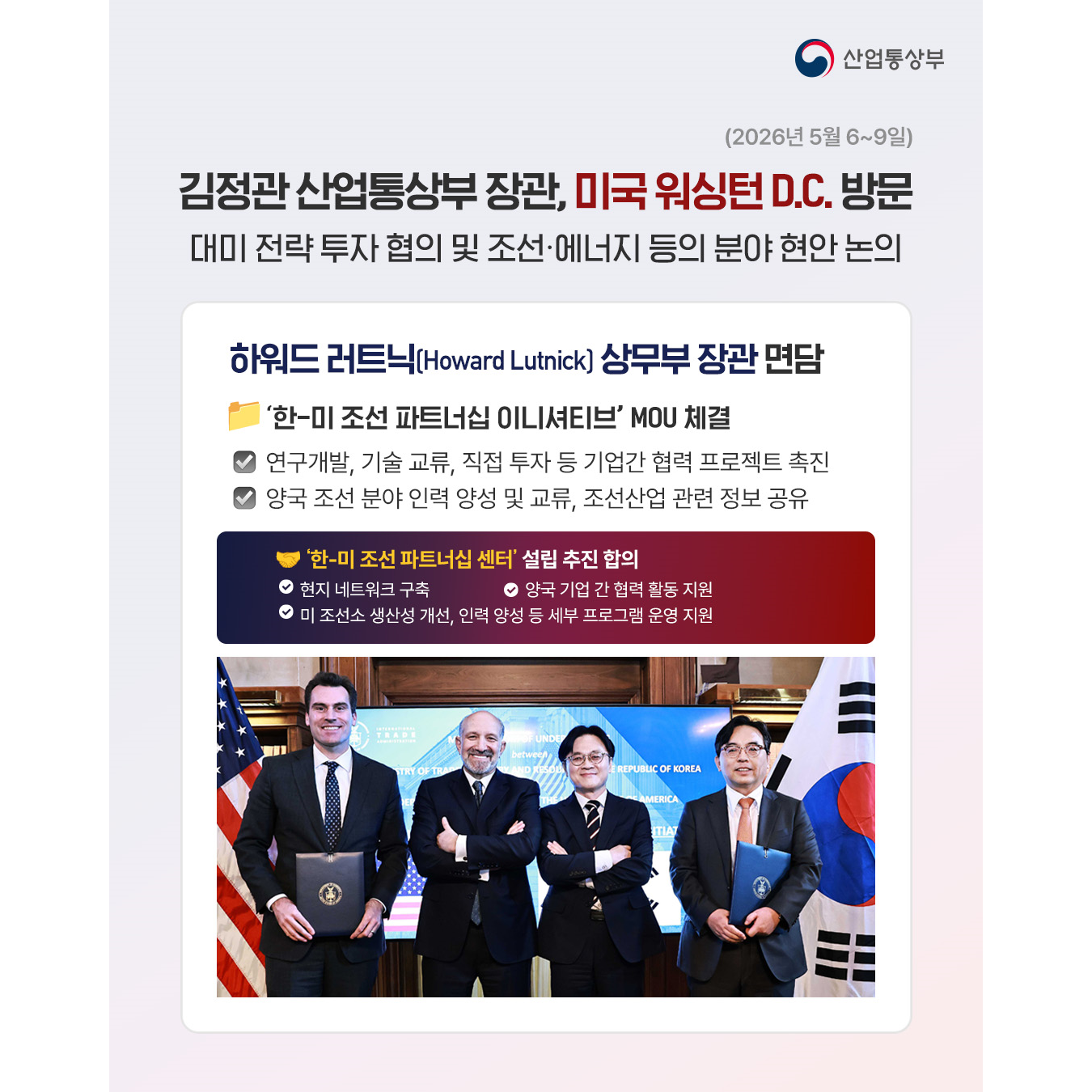 산업통상부
(2026년 5월 6~9일)

김정관 산업통상부 장관, 미국 워싱턴 D.C. 방문
대미 전략 투자 협의 및 조선·에너지 등의 분야 현안 논의

하워드 러트닉(Howard Lutnick) 상무부 장관 면담

📁 ‘한-미 조선 파트너십 이니셔티브’ MOU 체결

• 연구개발, 기술 교류, 직접 투자 등 기업간 협력 프로젝트 촉진
• 양국 조선 분야 인력 양성 및 교류, 조선산업 관련 정보 공유

🤝 한-미 조선 파트너십 센터 설립 추진 합의

• 현지 네트워크 구축
• 양국 기업 간 협력 활동 지원
• 미 조선소 생산성 개선, 인력 양성 등 세부 프로그램 운영 지원