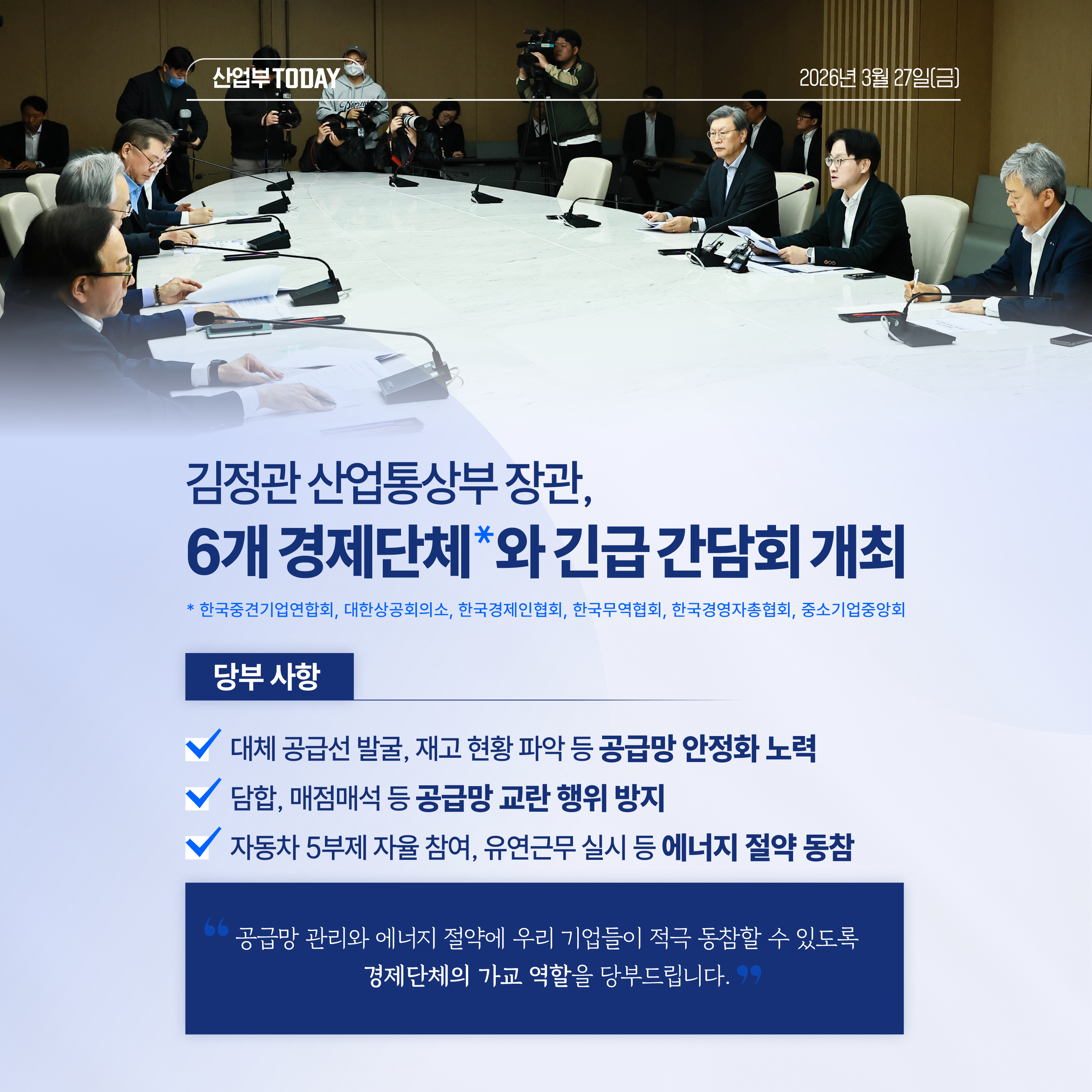 산업부 TODAY 2026년 3월 27일(금)

김정관 산업통상부 장관, 6개 경제단체*와 긴급 간담회 개최

*한국중견기업연합회, 대한상공회의소, 한국경제인협회, 한국무역협회, 한국경영자총협회, 중소기업중앙회



당부 사항

√ 대체 공급선 발굴, 재고 현황 파악 등 공급망 안정화 노력

√ 담합, 매점매석 등 공급망 교란 행위 방지

√ 자동차 5부제 자율적 참여, 유연근무 실시 등 에너지 절약 동참



“공급망 관리와 에너지 절약에 우리 기업들이 적극 동참할 수 있도록 경제단체의 가교 역할을 당부드립니다.”

