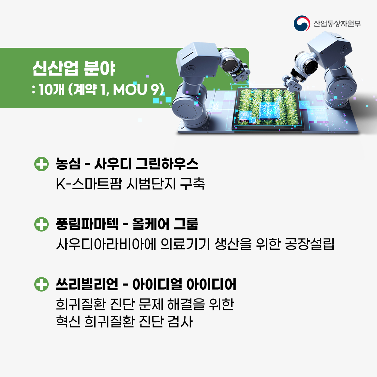 산업통상자원부 
기타 : 2개 (MOU 2)
• 한국무역보험공사 - 아람코 금융 협력
• 에스앤티다이내믹스 - ERAF Industrial Company Ltd.
기업 간 협력