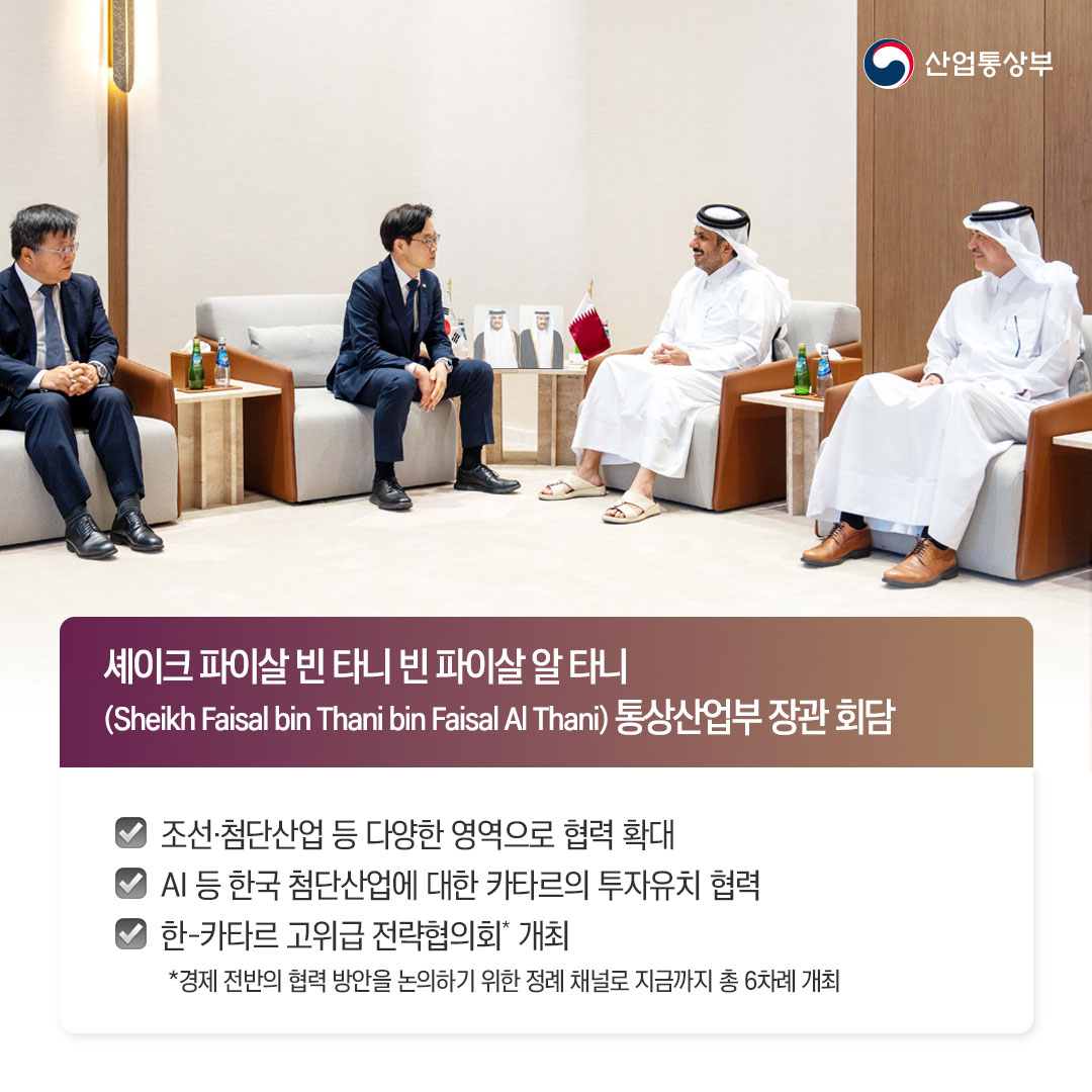 셰이크 파이살 빈 타니 빈 파이살 알 타니(Sheikh Faisal bin Thani bin Faisal Al Thani) 통상산업부 장관 회담

조선‧첨단산업 등 다양한 영역으로 협력 확대
AI 등 한국 첨단산업에 대한 카타르의 투자유치 협력
한-카타르 고위급 전략협의회* 개최
* 경제 전반의 협력 방안을 논의하기 위한 정례 채널로 지금까지 총 6차례 개최
