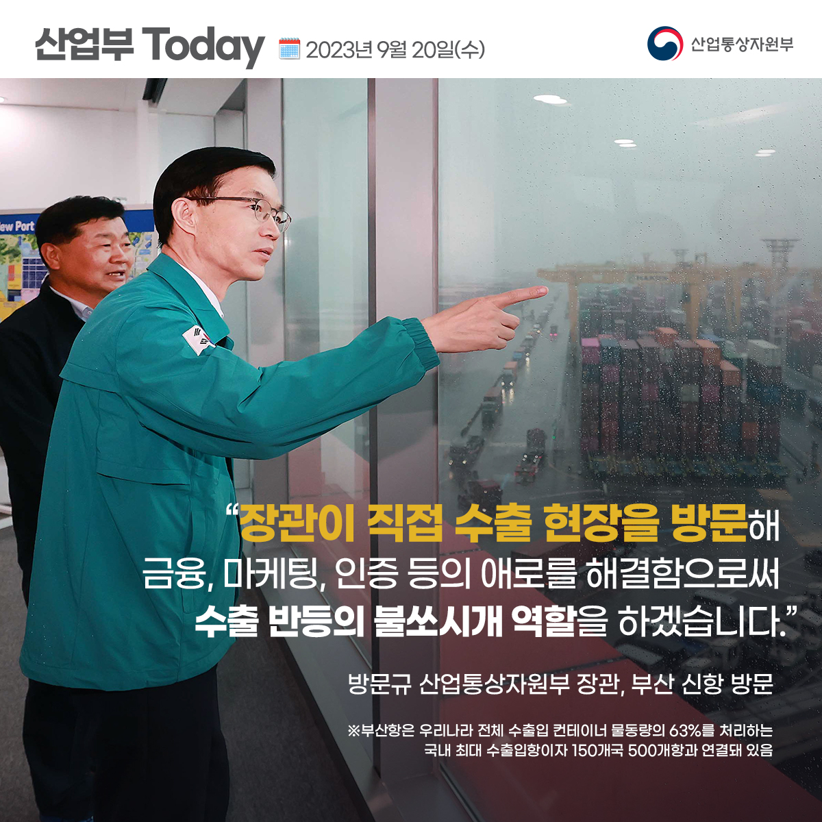 ew Port
산업부 Today 2023년 9월 20일(수) 산업통상자원부
"장관이 직접 수출 현장을 방문해 금융, 마케팅, 인증 등의 애로를 해결함으로써 수출 반등의 불쏘시개 역할을 하겠습니다." 방문규 산업통상자원부 장관, 부산 신항 방문
※부산항은 우리나라 전체 수출입 컨테이너 물동량의 63%를 처리하는
국내 최대 수출입항이자 150개국 500개항과 연결돼 있음