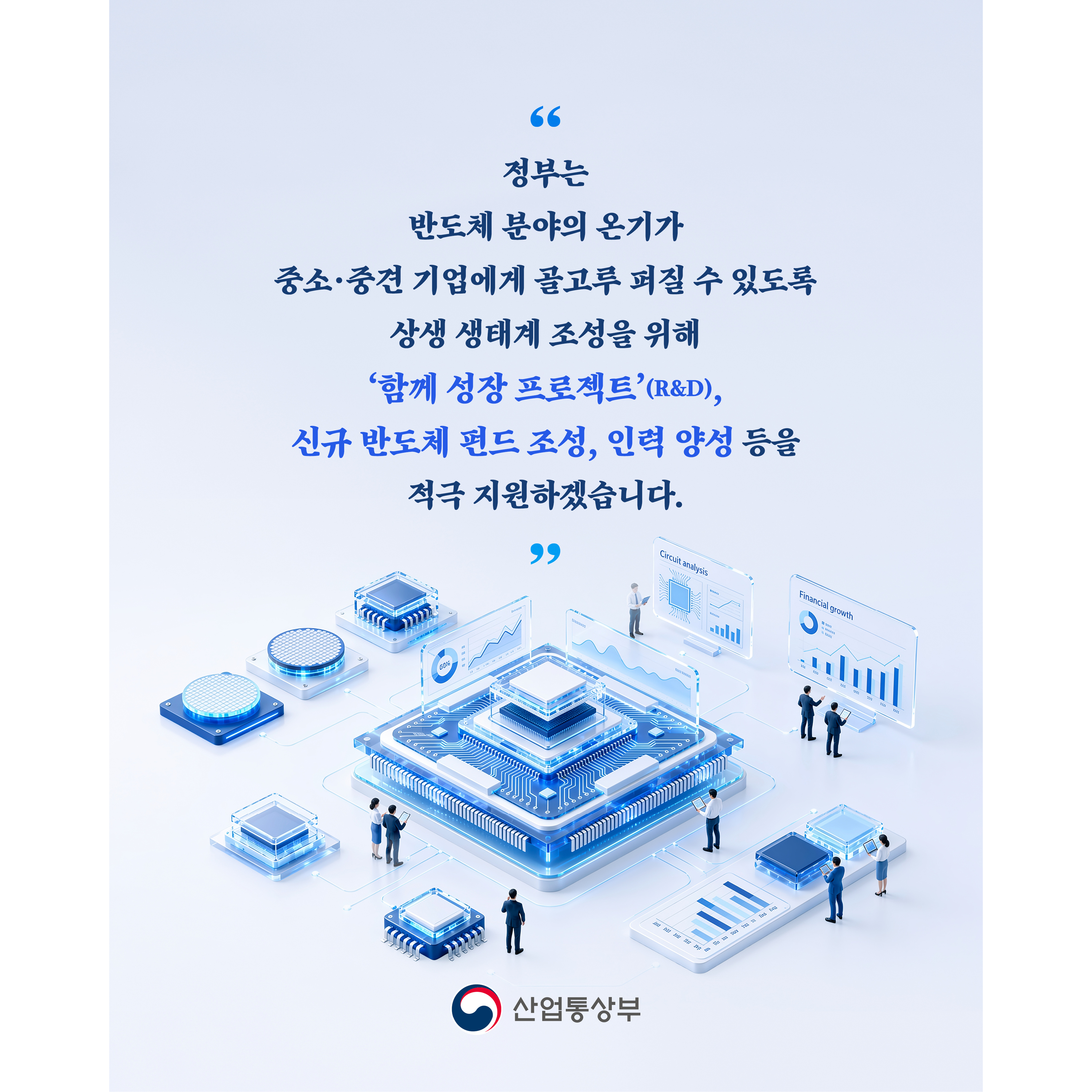 “정부는 반도체 분야의 온기가 중소·중견 기업에게 골고루 퍼질 수 있도록 상생 생태계 조성을 위해 ‘함께 성장 프로젝트’(R&D), 신규 반도체 펀드 조성, 인력 양성 등을 적극 지원하겠습니다.”

산업통상부